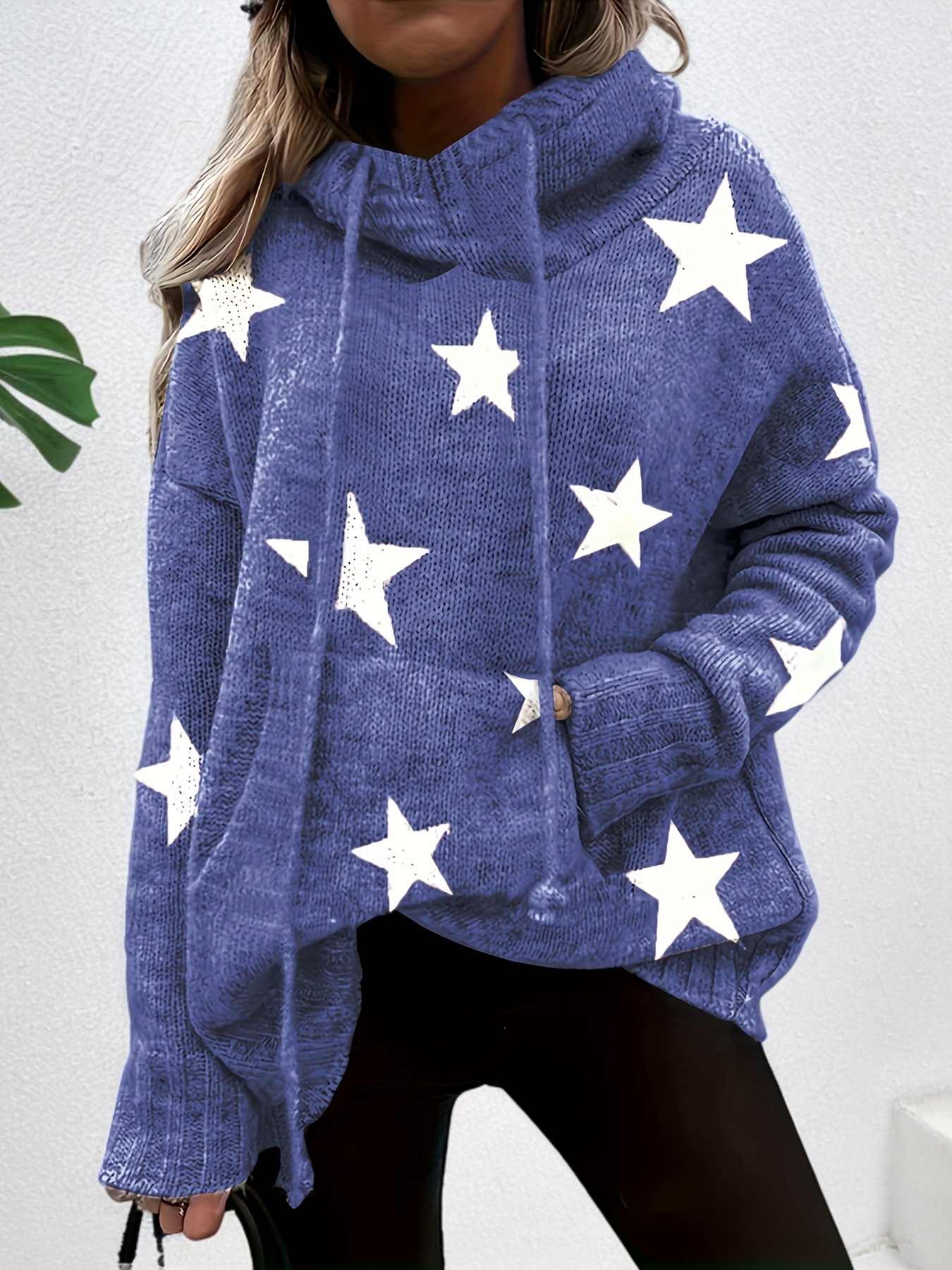 plus size casual sweater womens plus star print long sleeve drawstring hoodie sweater with pockets details 3