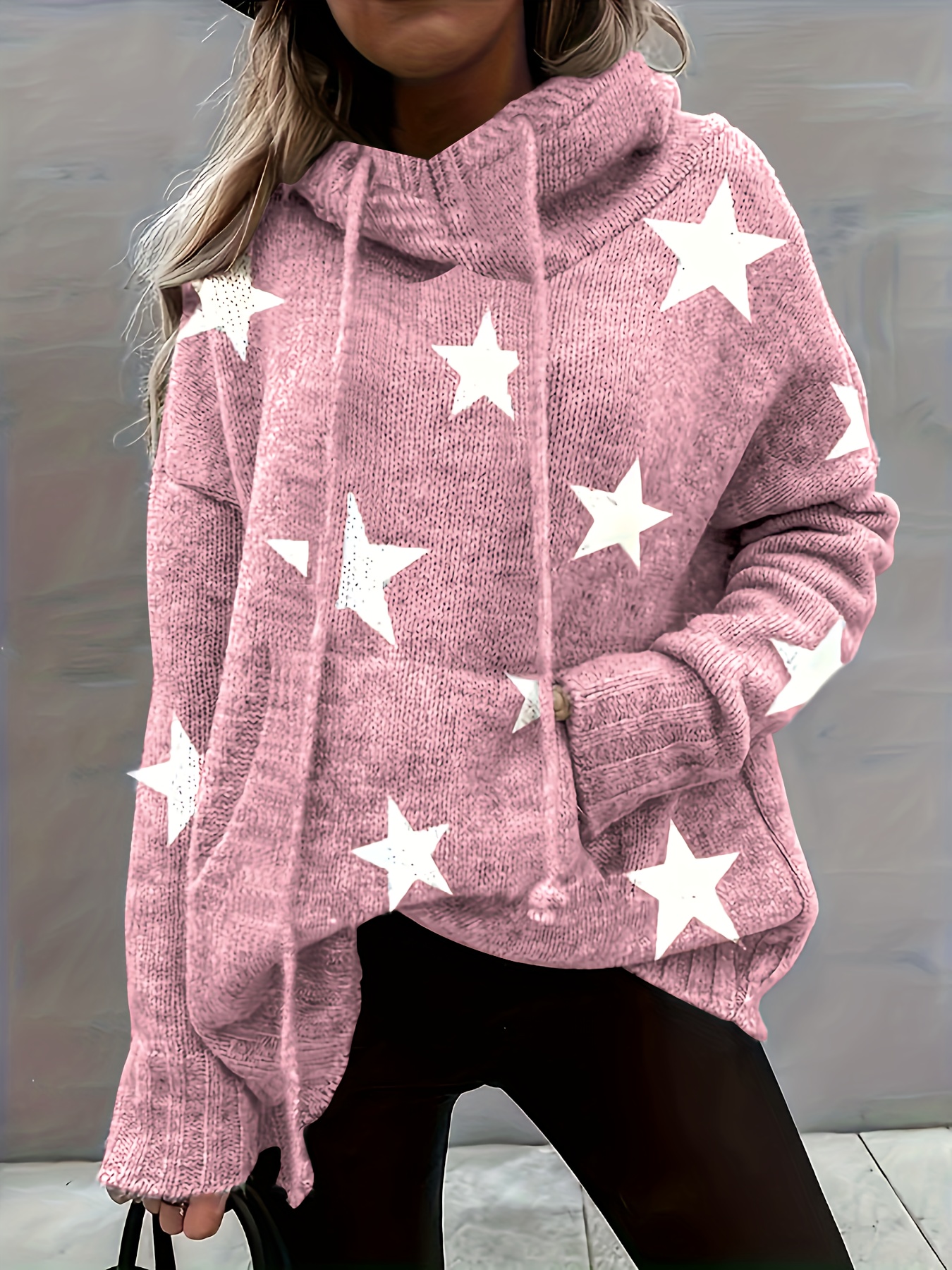 plus size casual sweater womens plus star print long sleeve drawstring hoodie sweater with pockets details 7