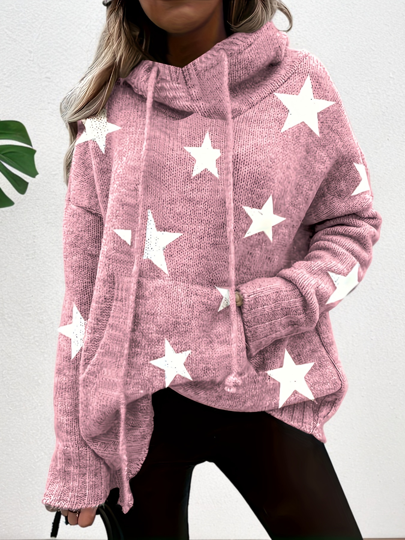 plus size casual sweater womens plus star print long sleeve drawstring hoodie sweater with pockets details 9