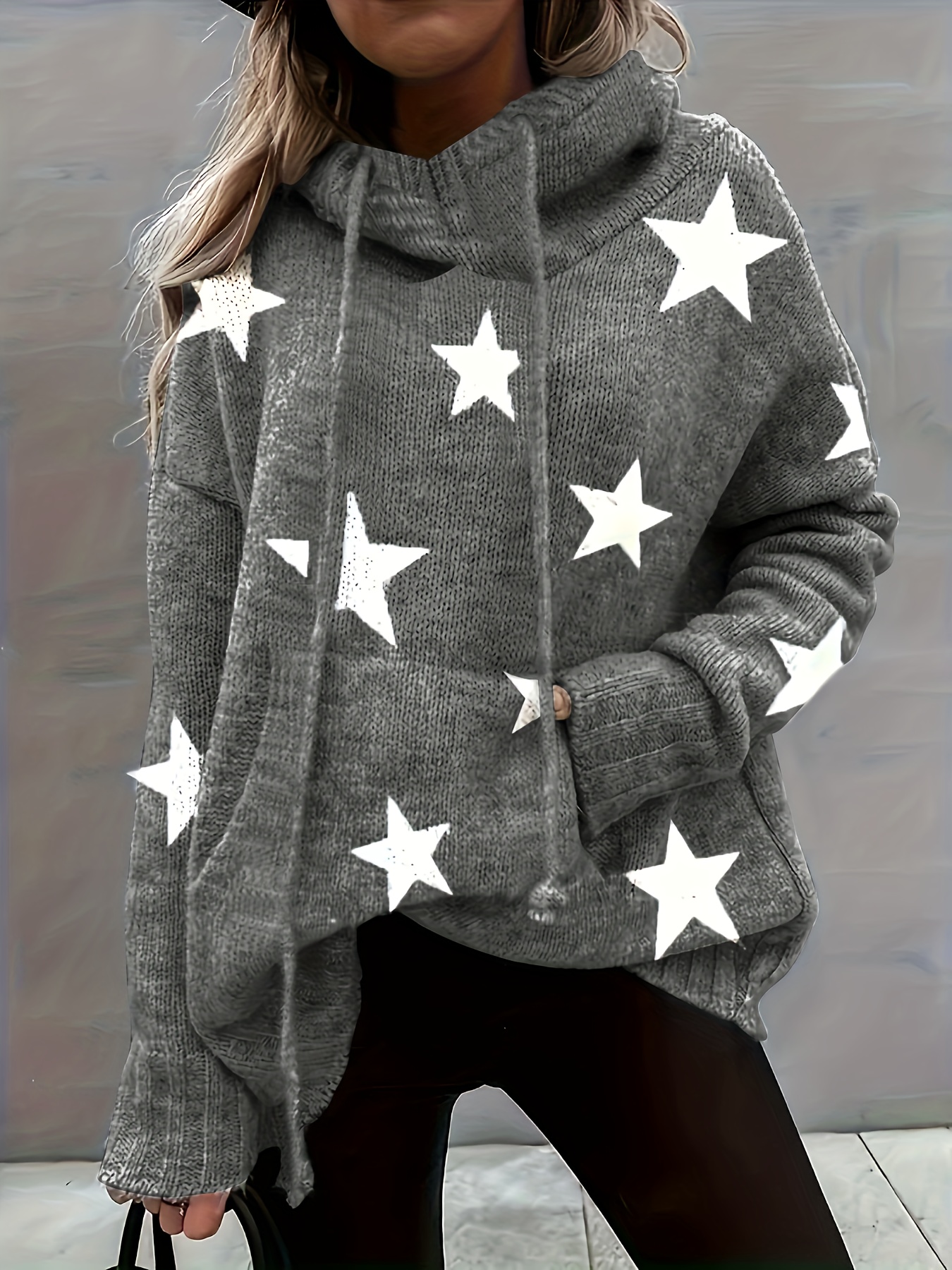 plus size casual sweater womens plus star print long sleeve drawstring hoodie sweater with pockets details 13