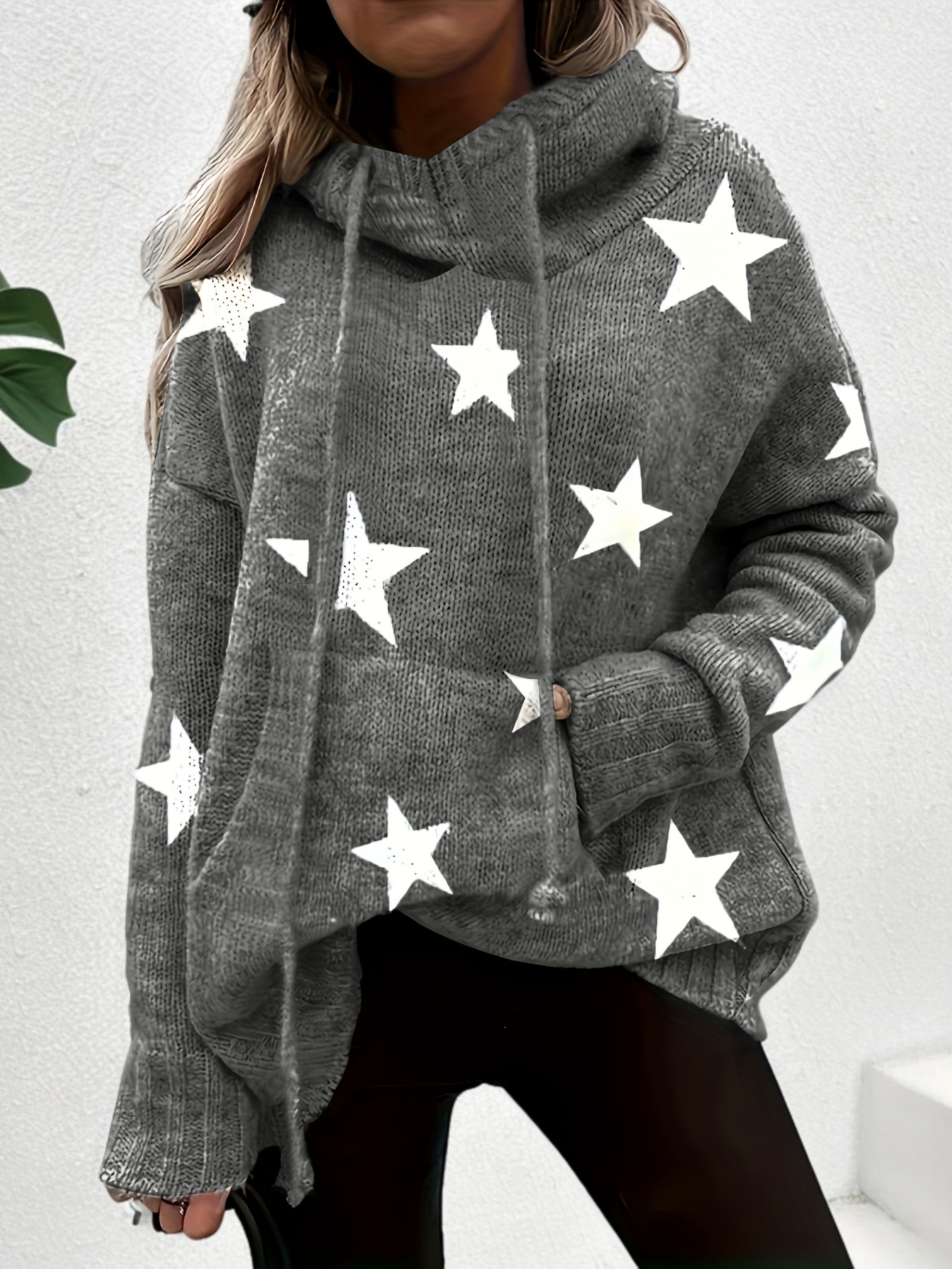 plus size casual sweater womens plus star print long sleeve drawstring hoodie sweater with pockets details 15