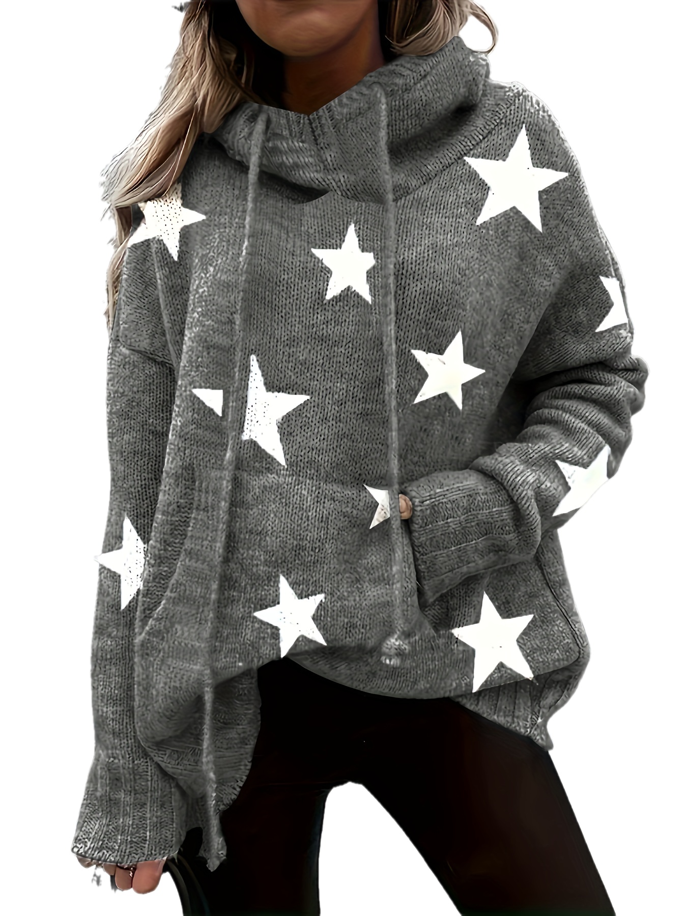 plus size casual sweater womens plus star print long sleeve drawstring hoodie sweater with pockets details 17