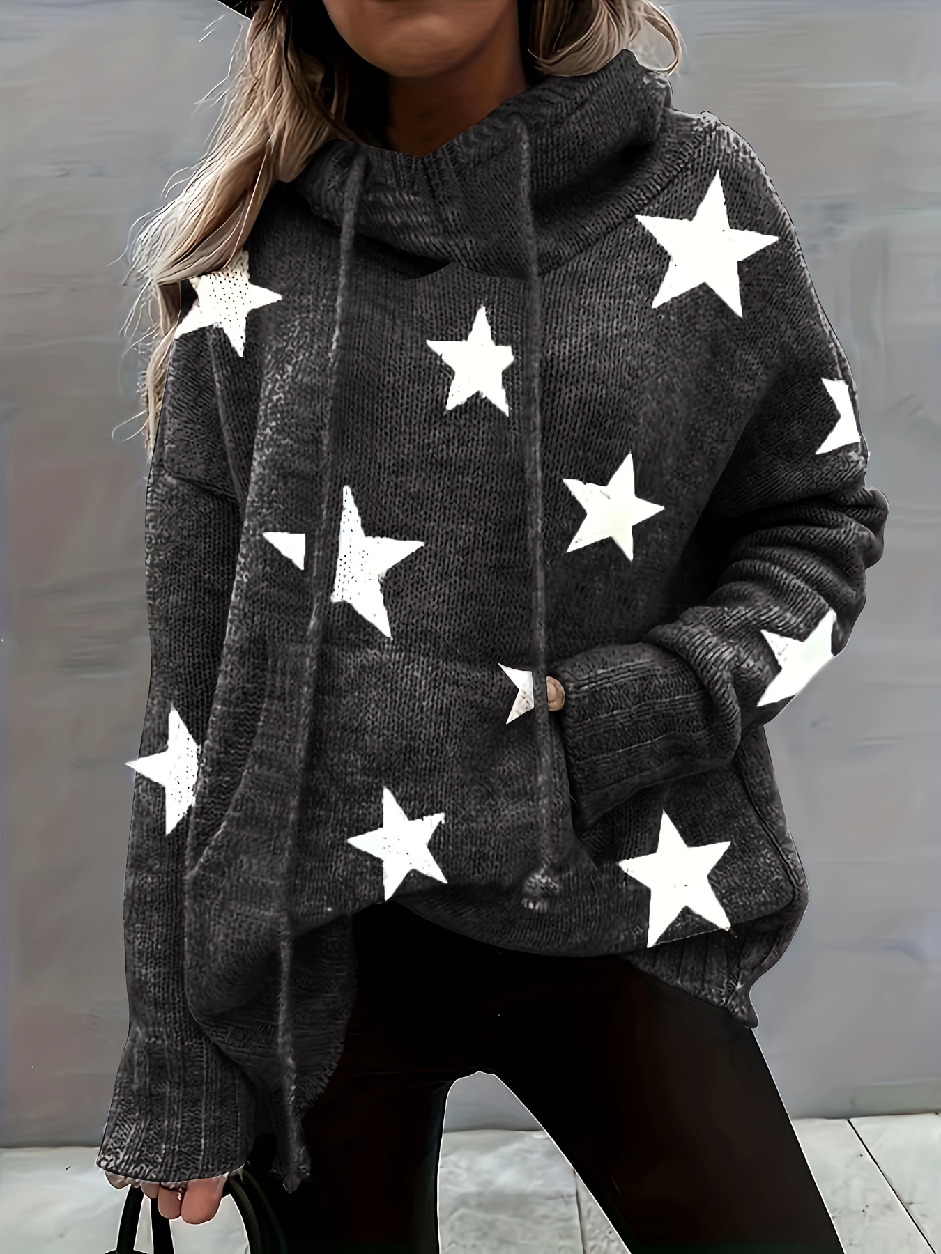 plus size casual sweater womens plus star print long sleeve drawstring hoodie sweater with pockets details 21