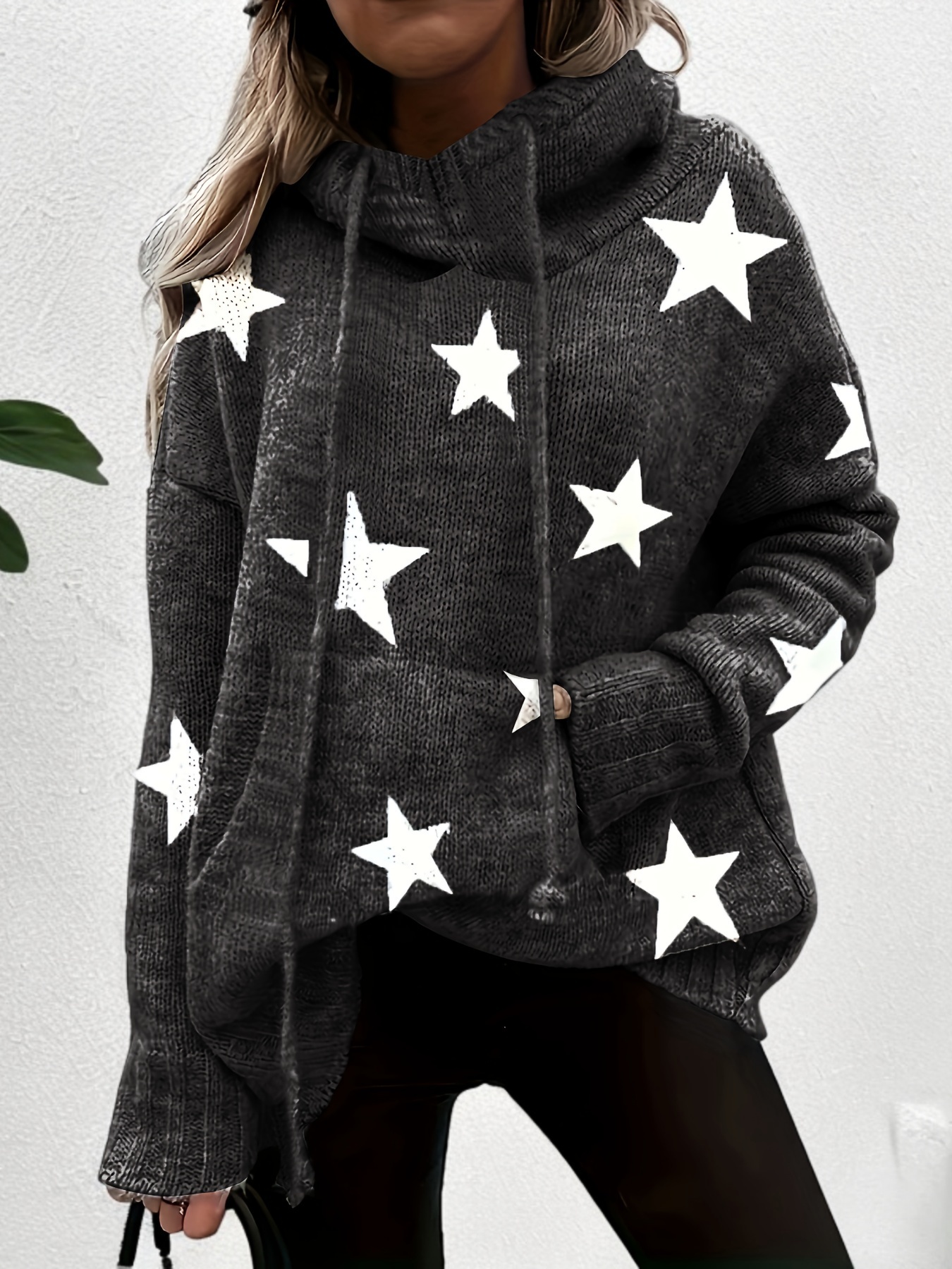 plus size casual sweater womens plus star print long sleeve drawstring hoodie sweater with pockets details 24