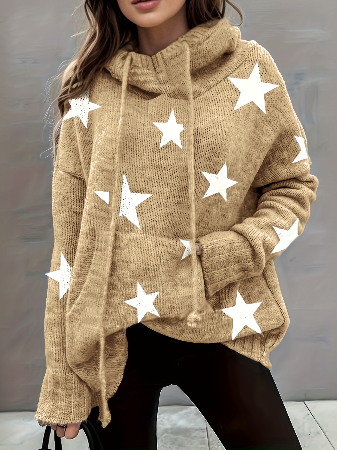 plus size casual sweater womens plus star print long sleeve drawstring hoodie sweater with pockets details 30