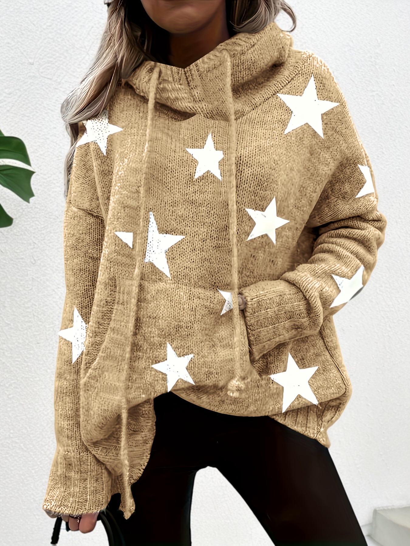 plus size casual sweater womens plus star print long sleeve drawstring hoodie sweater with pockets details 31