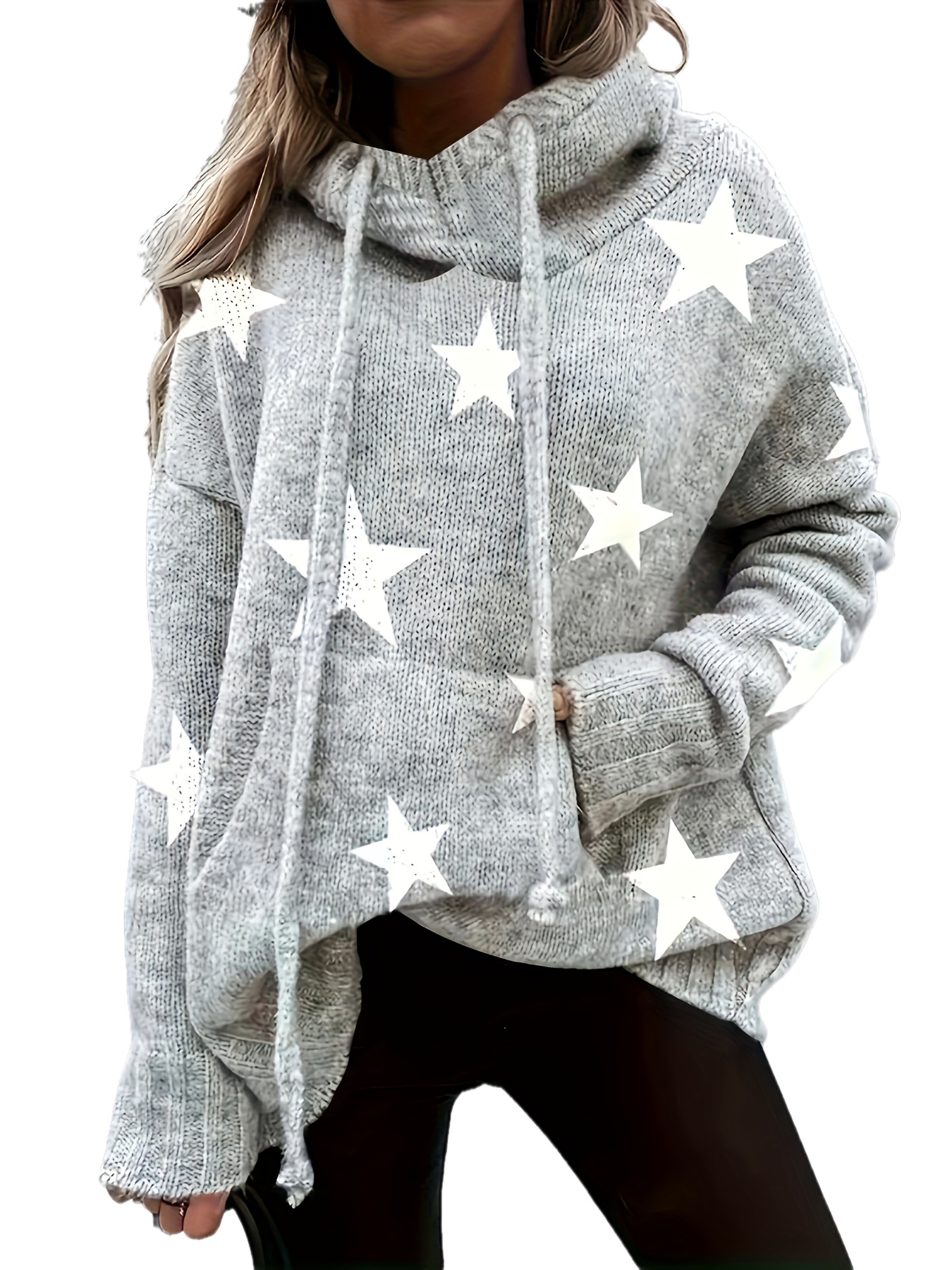 plus size casual sweater womens plus star print long sleeve drawstring hoodie sweater with pockets details 38