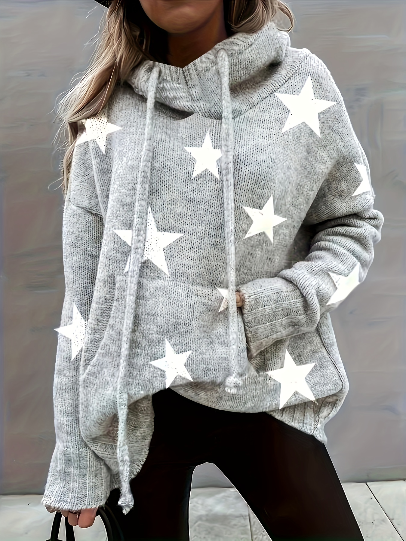 plus size casual sweater womens plus star print long sleeve drawstring hoodie sweater with pockets details 39