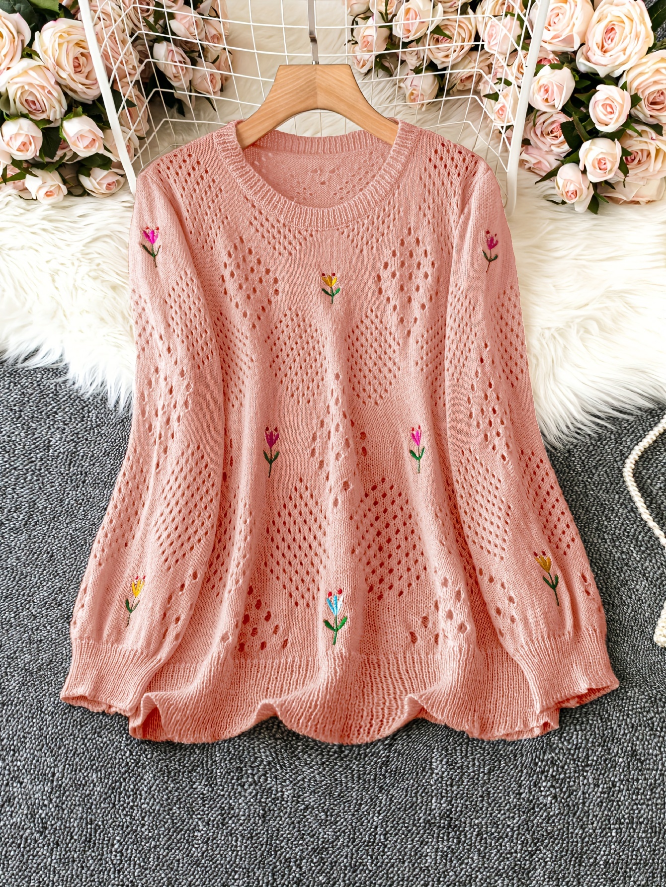 plus size floral embroidery sweater casual cut out long sleeve crew neck sweater for spring womens plus size clothing details 0