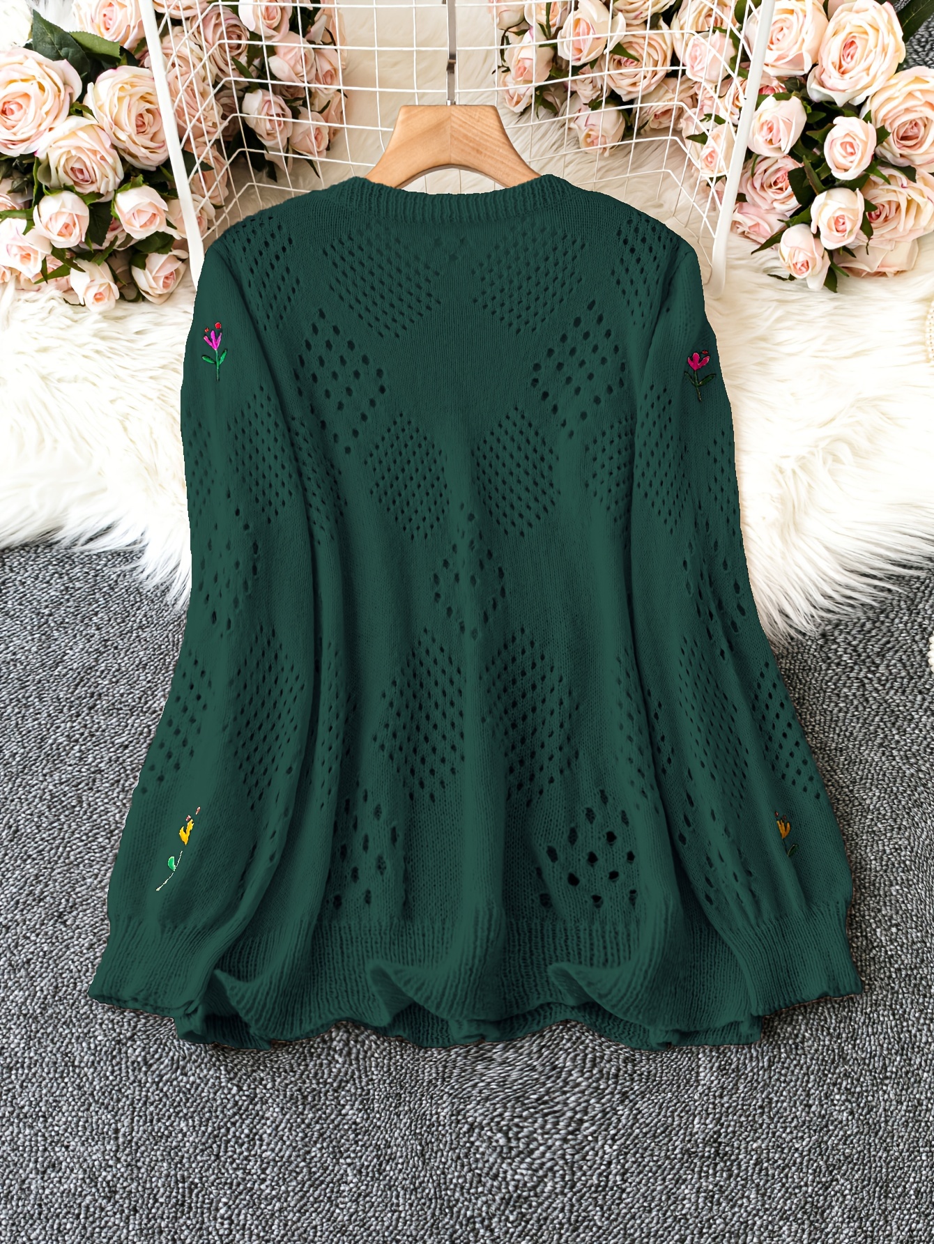 plus size floral embroidery sweater casual cut out long sleeve crew neck sweater for spring womens plus size clothing details 14