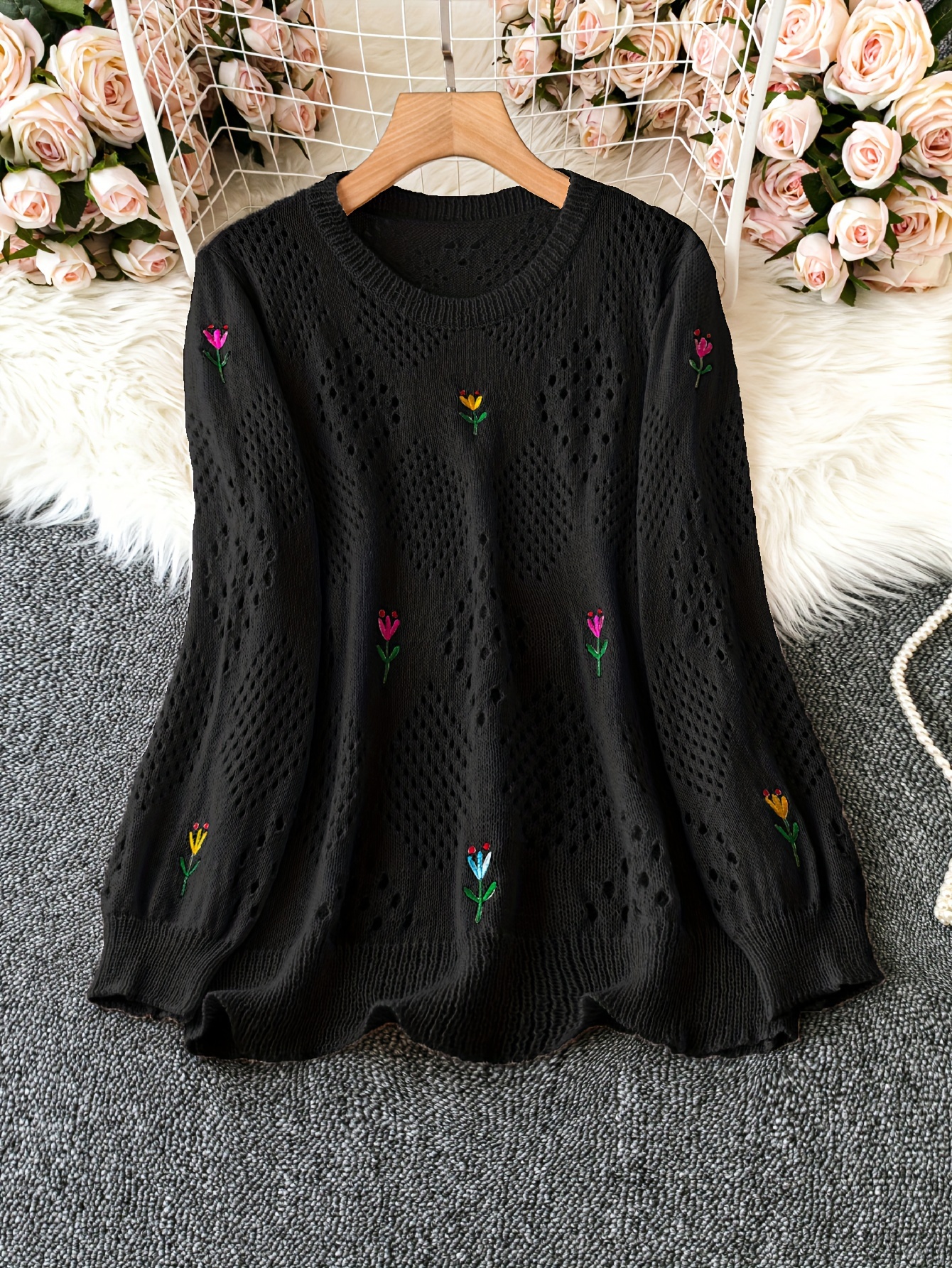 plus size floral embroidery sweater casual cut out long sleeve crew neck sweater for spring womens plus size clothing details 17