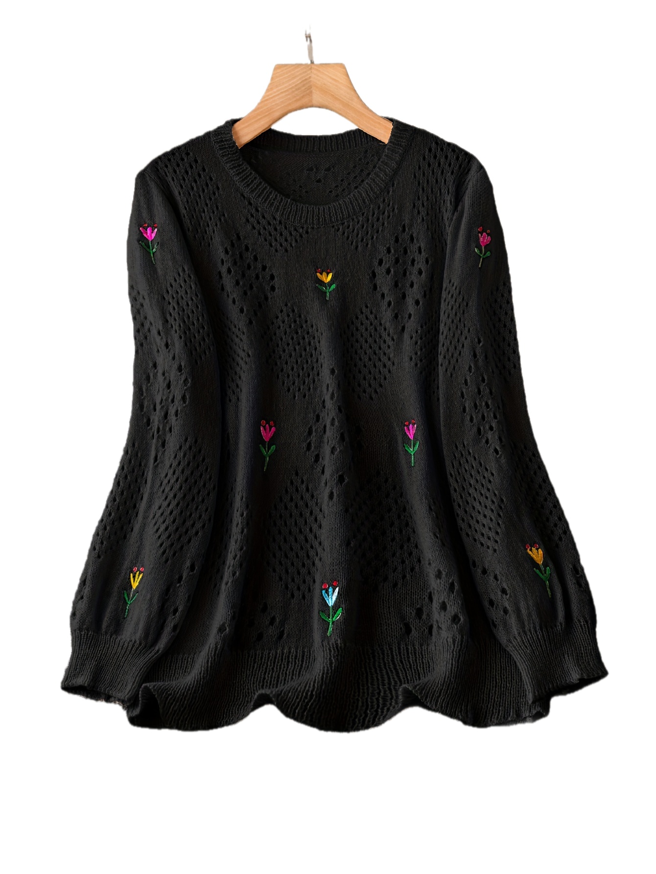 plus size floral embroidery sweater casual cut out long sleeve crew neck sweater for spring womens plus size clothing details 19