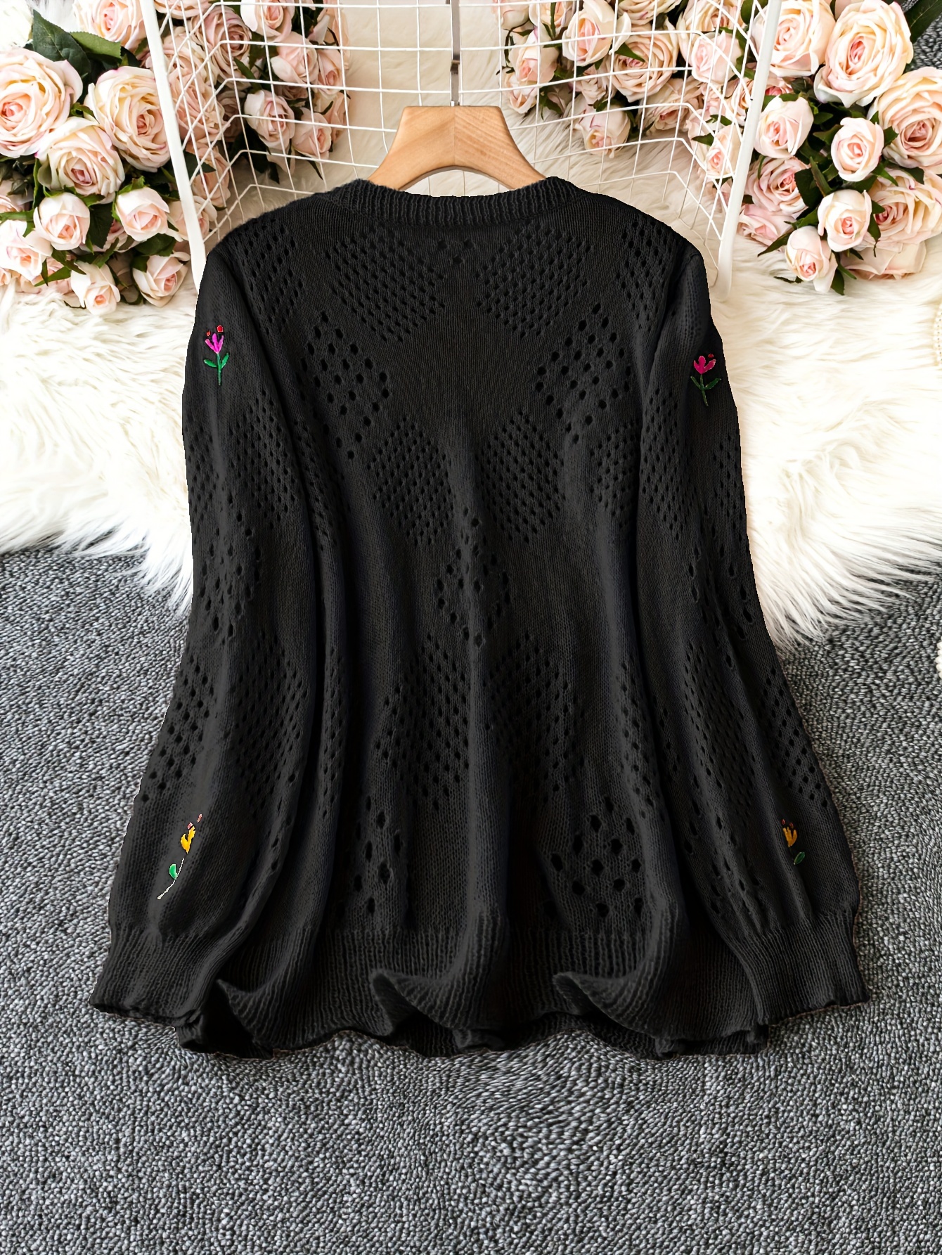 plus size floral embroidery sweater casual cut out long sleeve crew neck sweater for spring womens plus size clothing details 20