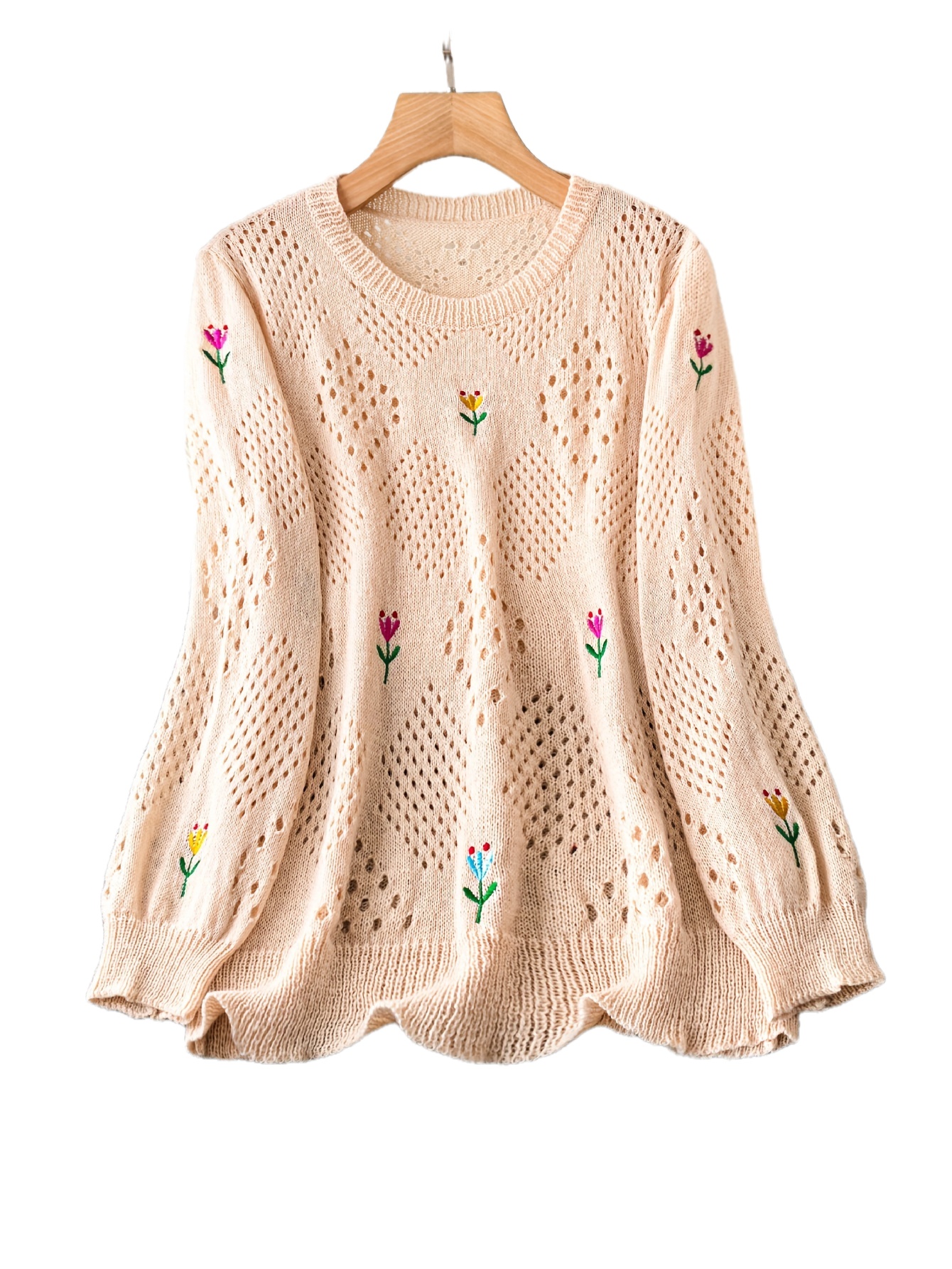 plus size floral embroidery sweater casual cut out long sleeve crew neck sweater for spring womens plus size clothing details 25