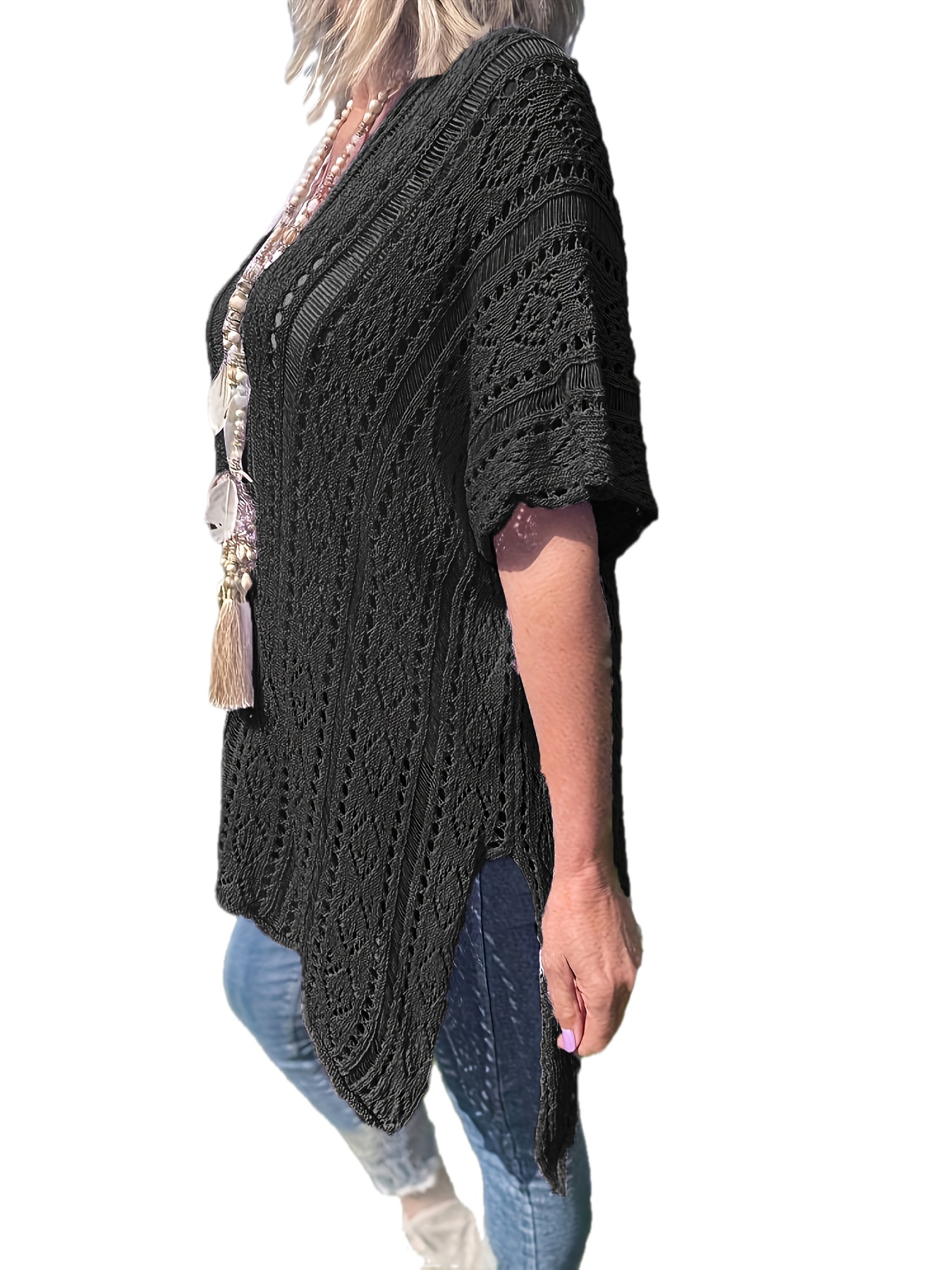 plus size solid knitted top elegant cut out v neck crochet top womens plus size clothing details 7