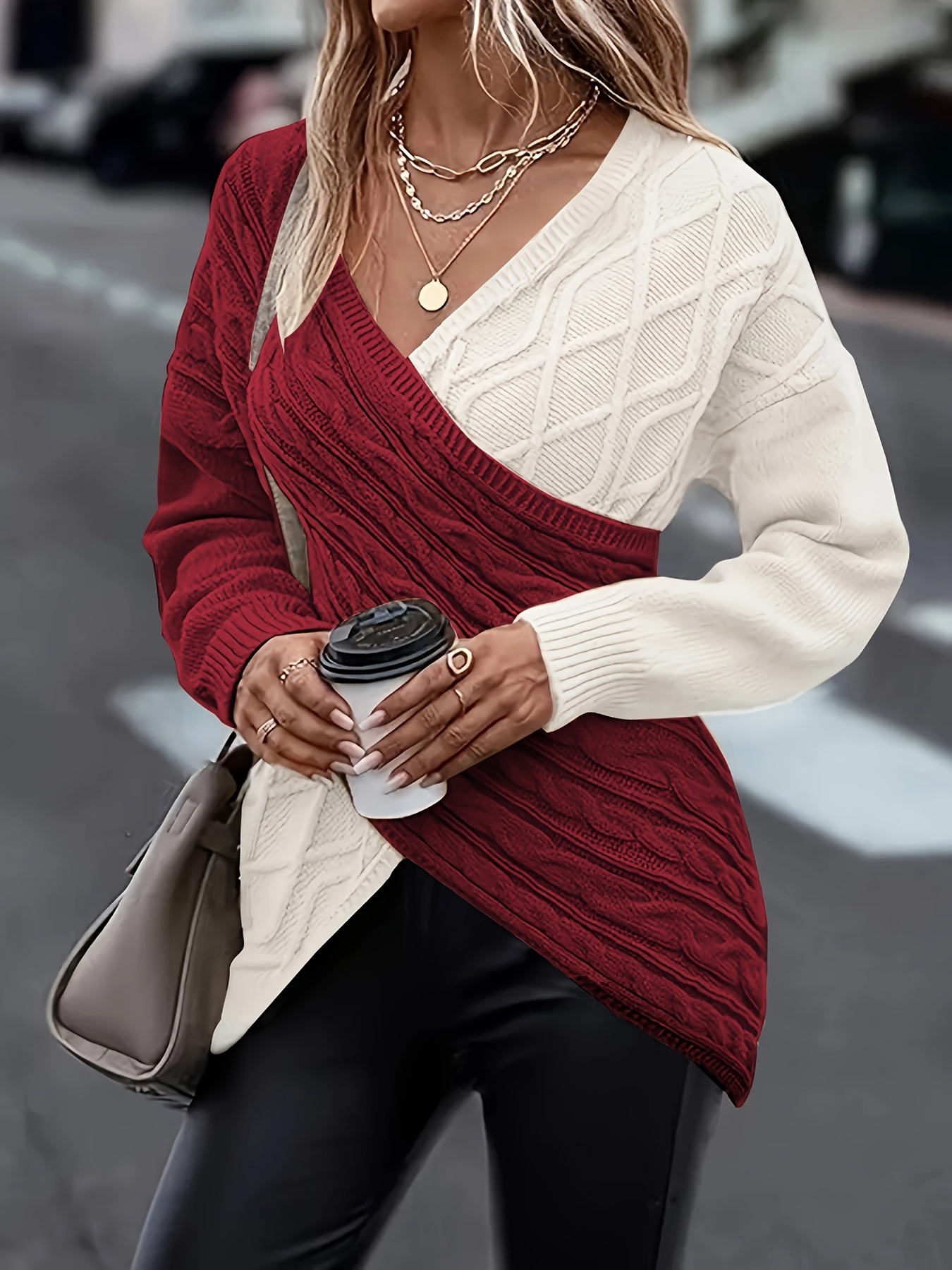 plus size twist front colorblock sweater casual long sleeve v neck sweater for fall winter womens plus size clothing details 8