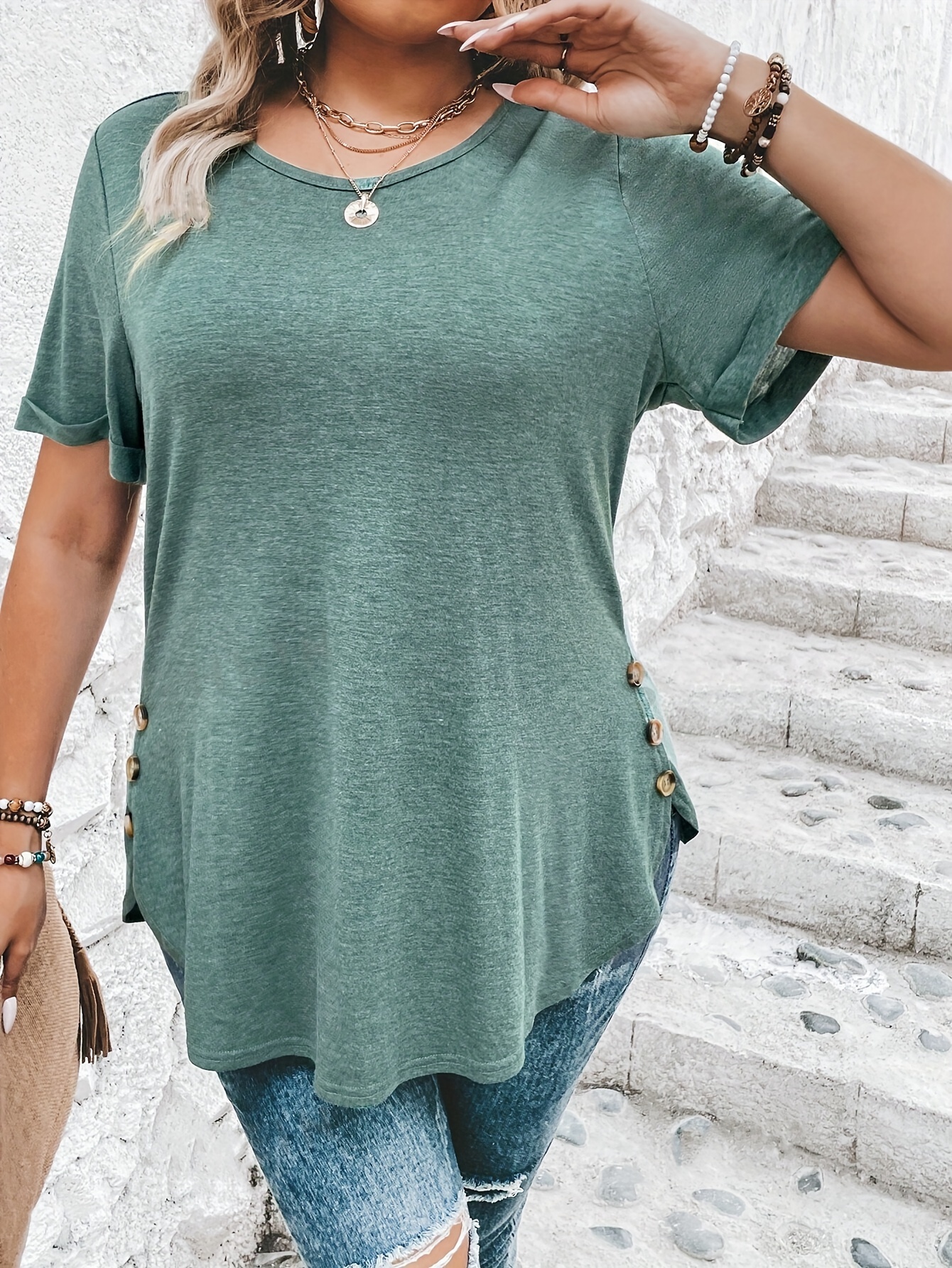 plus size curved hem t shirt casual crew neck short sleeve t shirt womens plus size clothing details 12