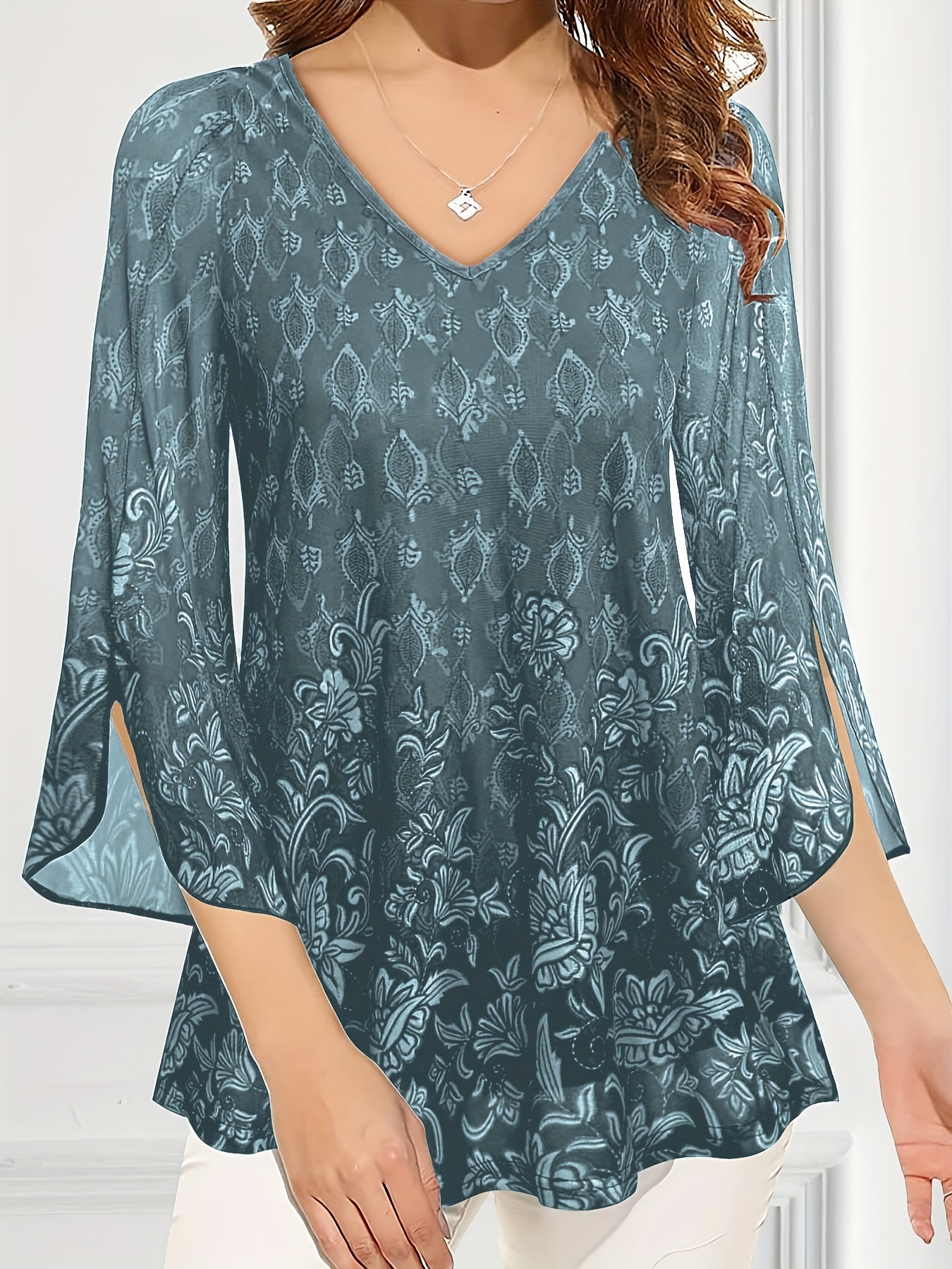 plus size casual top womens plus solid floral pattern mesh split bell sleeve v neck tunic top details 3