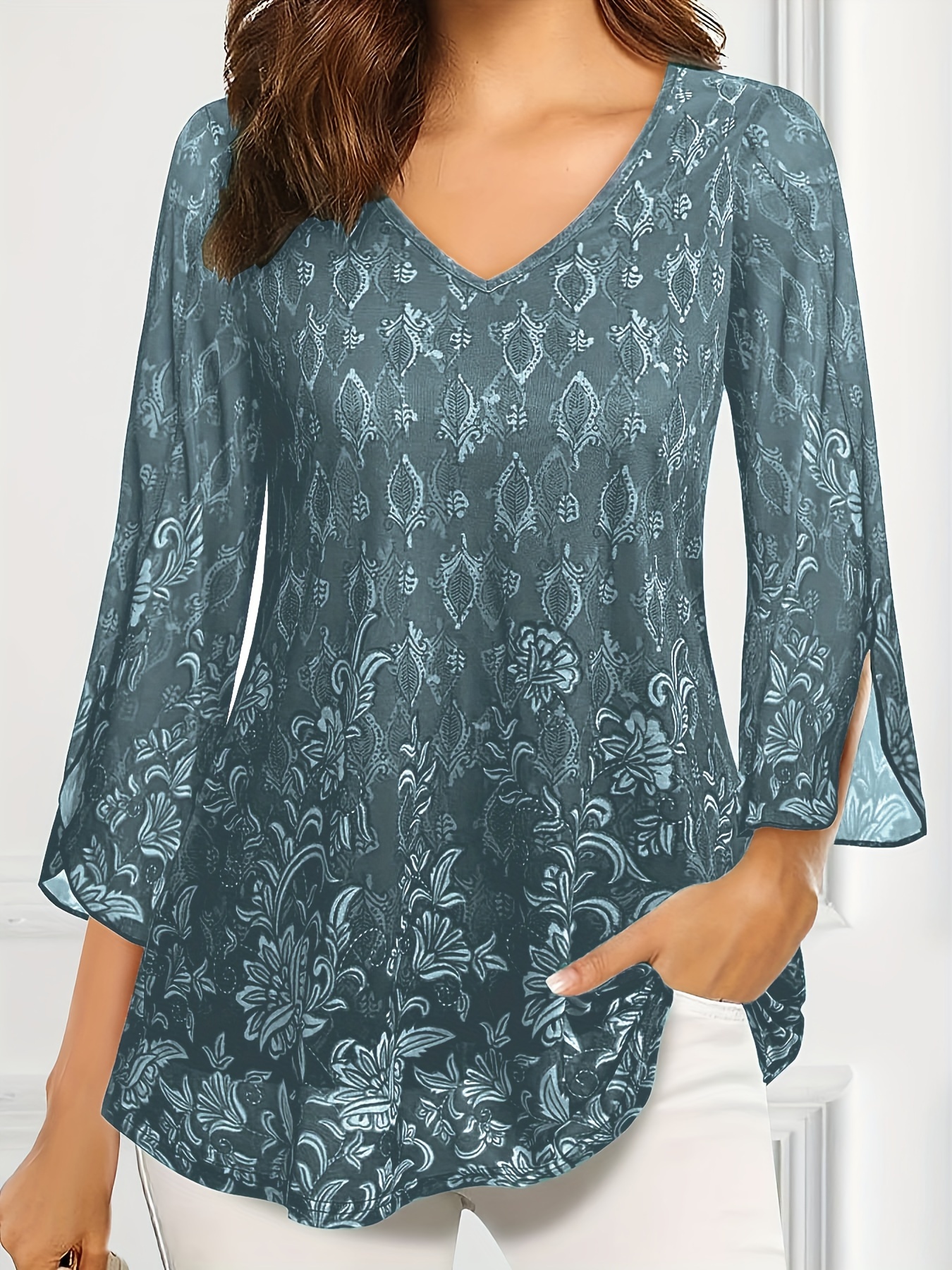 plus size casual top womens plus solid floral pattern mesh split bell sleeve v neck tunic top details 5