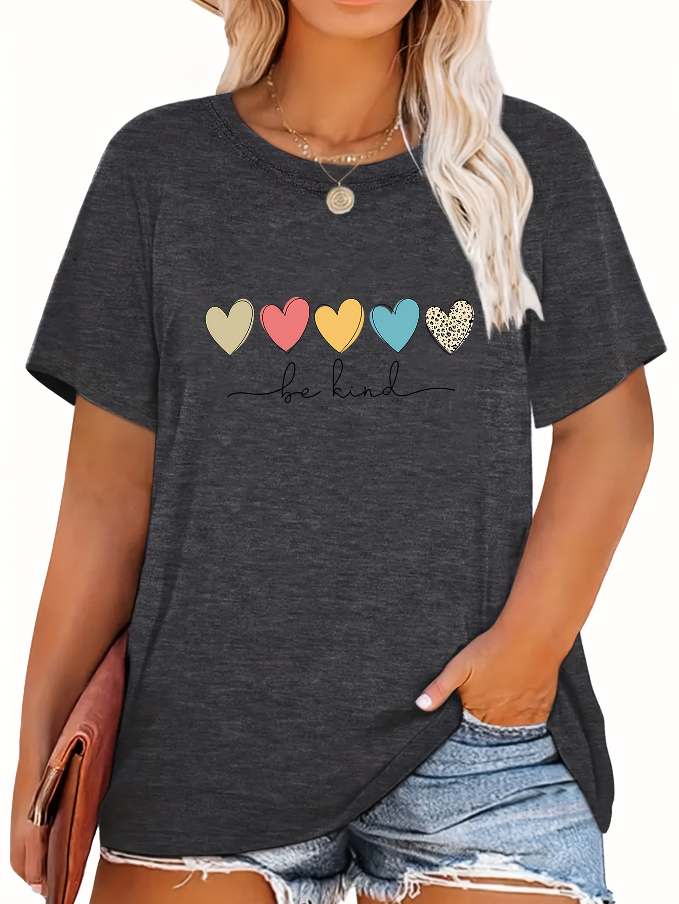 plus size casual t shirt womens plus heart slogan print short sleeve round neck medium stretch t shirt details 0