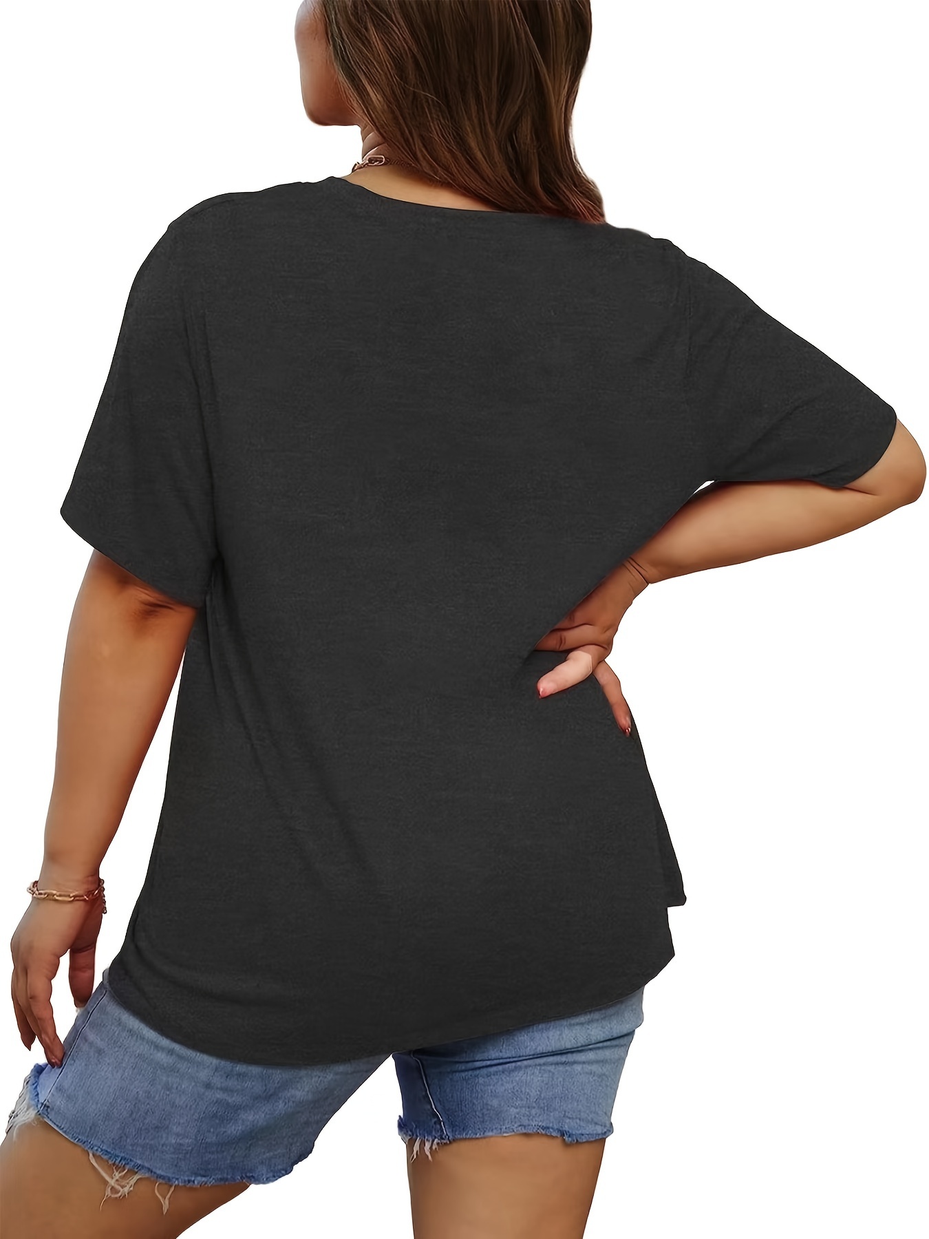 plus size casual t shirt womens plus heart slogan print short sleeve round neck medium stretch t shirt details 1