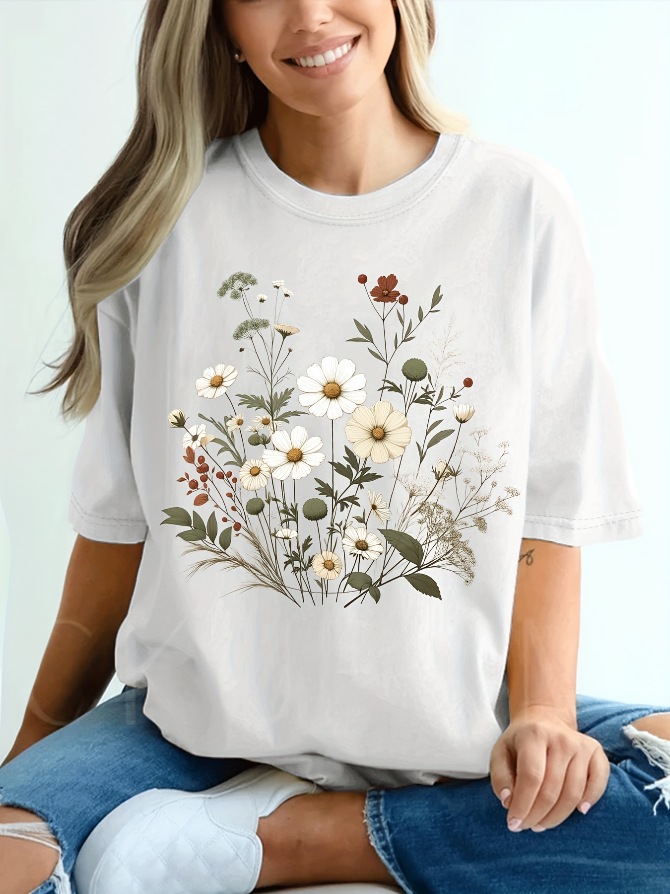 plus size floral print t shirt casual crew neck short sleeve t shirt womens plus size clothing details 6