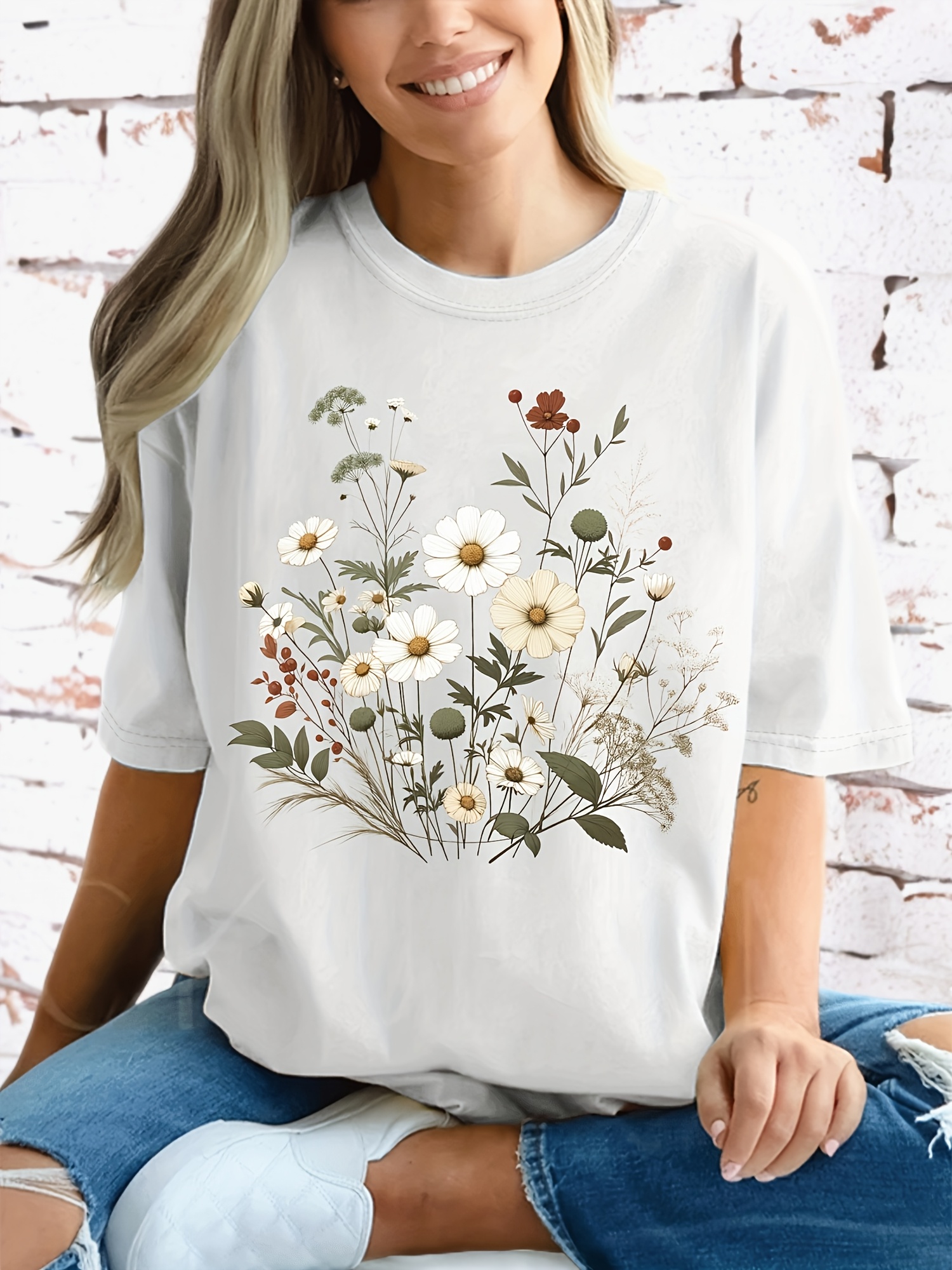 plus size floral print t shirt casual crew neck short sleeve t shirt womens plus size clothing details 8