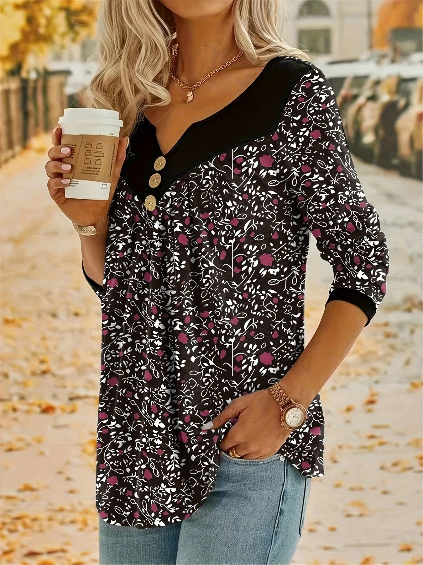 plus size casual top womens plus colorblock ditsy floral print button decor long sleeve notched neck medium stretch top details 2