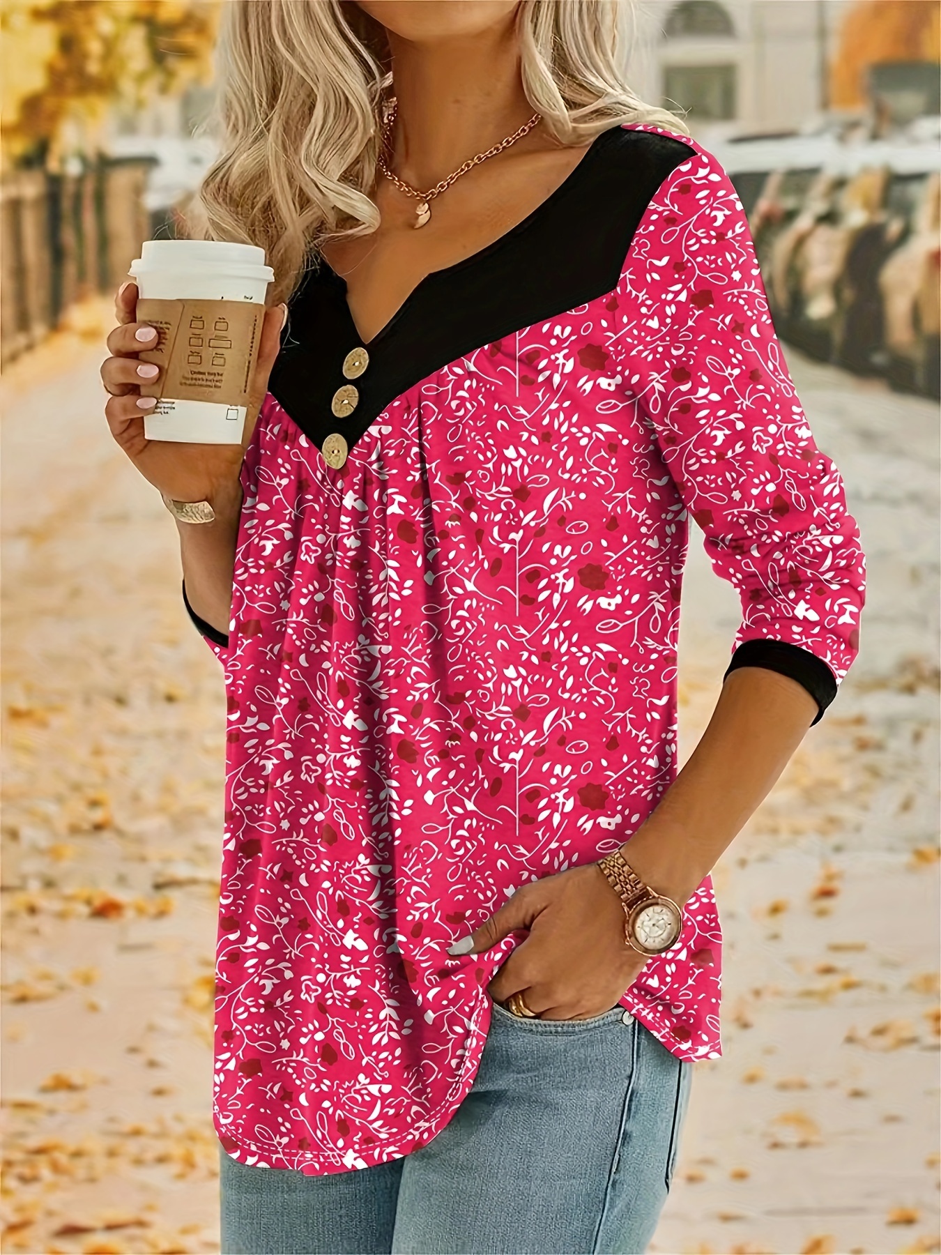 plus size casual top womens plus colorblock ditsy floral print button decor long sleeve notched neck medium stretch top details 5