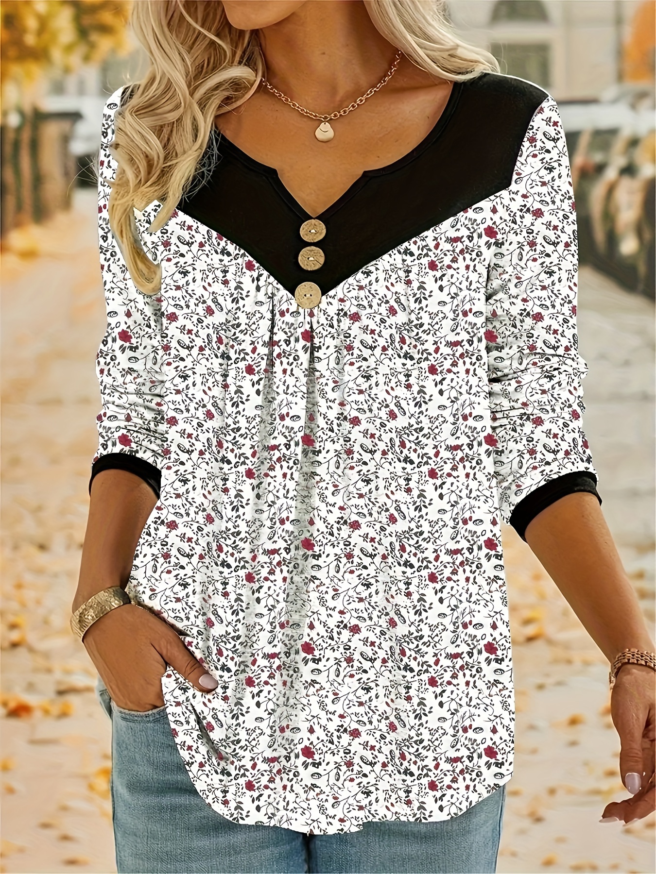 plus size casual top womens plus colorblock ditsy floral print button decor long sleeve notched neck medium stretch top details 10