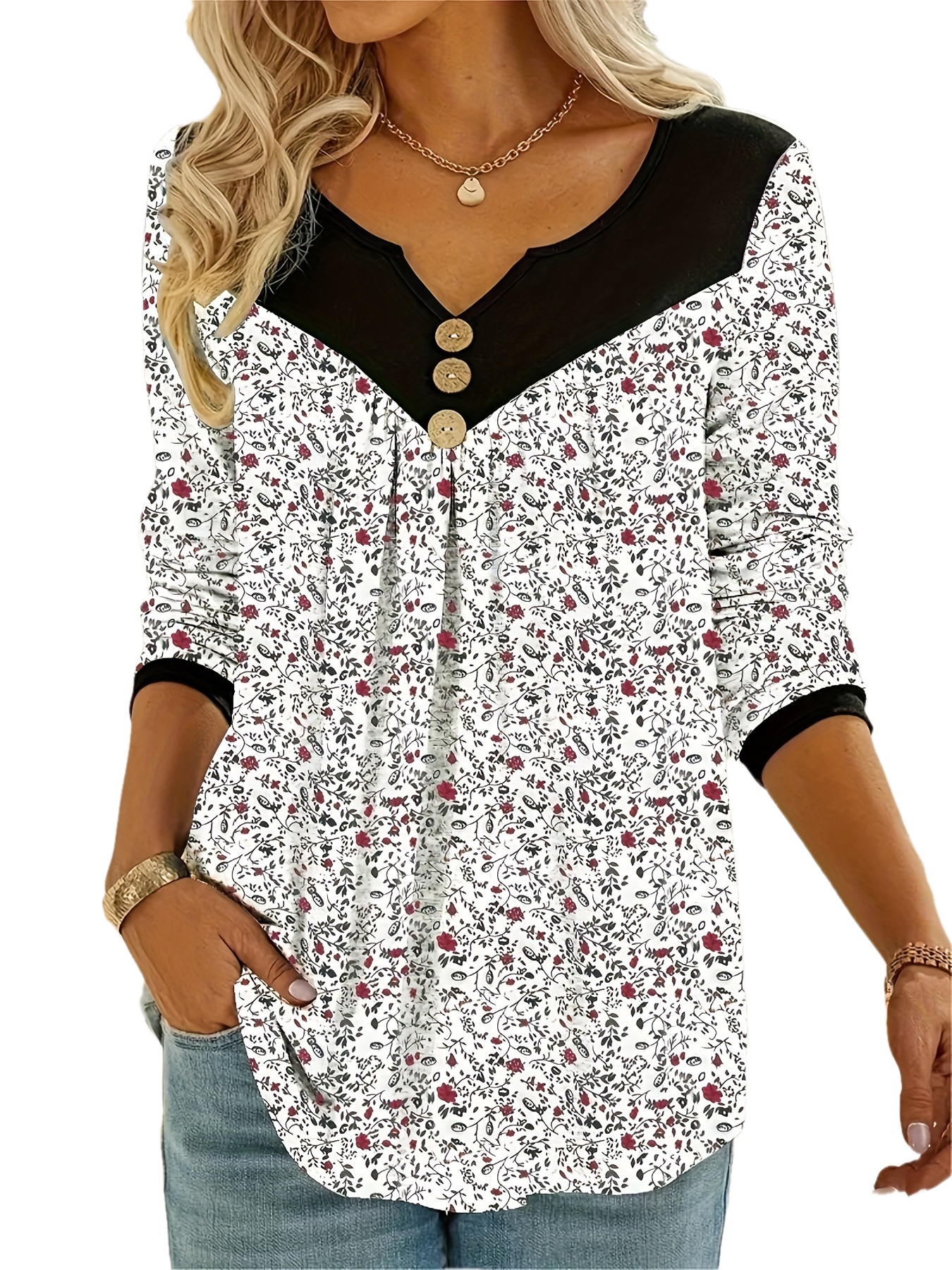 plus size casual top womens plus colorblock ditsy floral print button decor long sleeve notched neck medium stretch top details 12