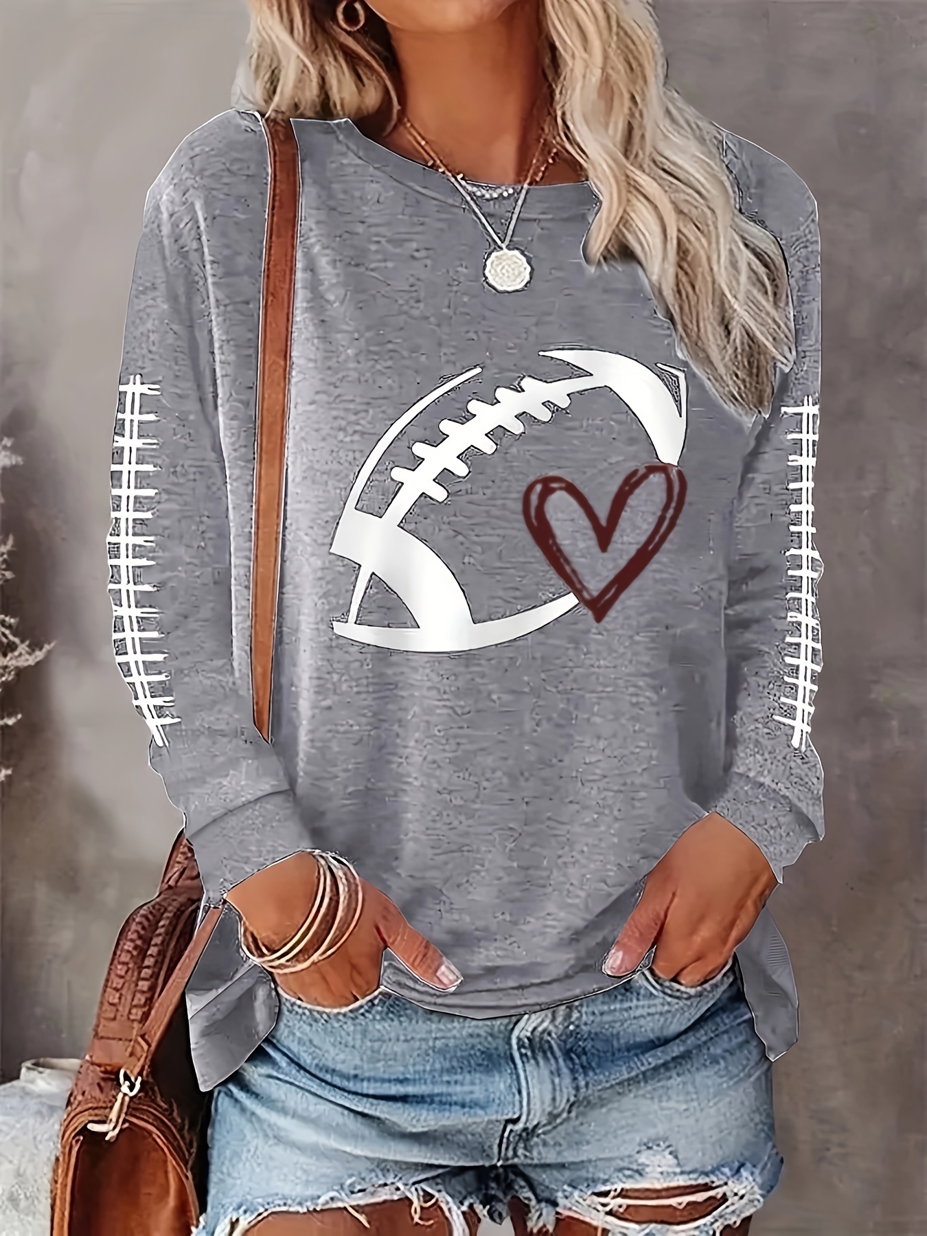 plus size casual top womens plus rugby heart print long sleeve round neck medium stretch top details 0