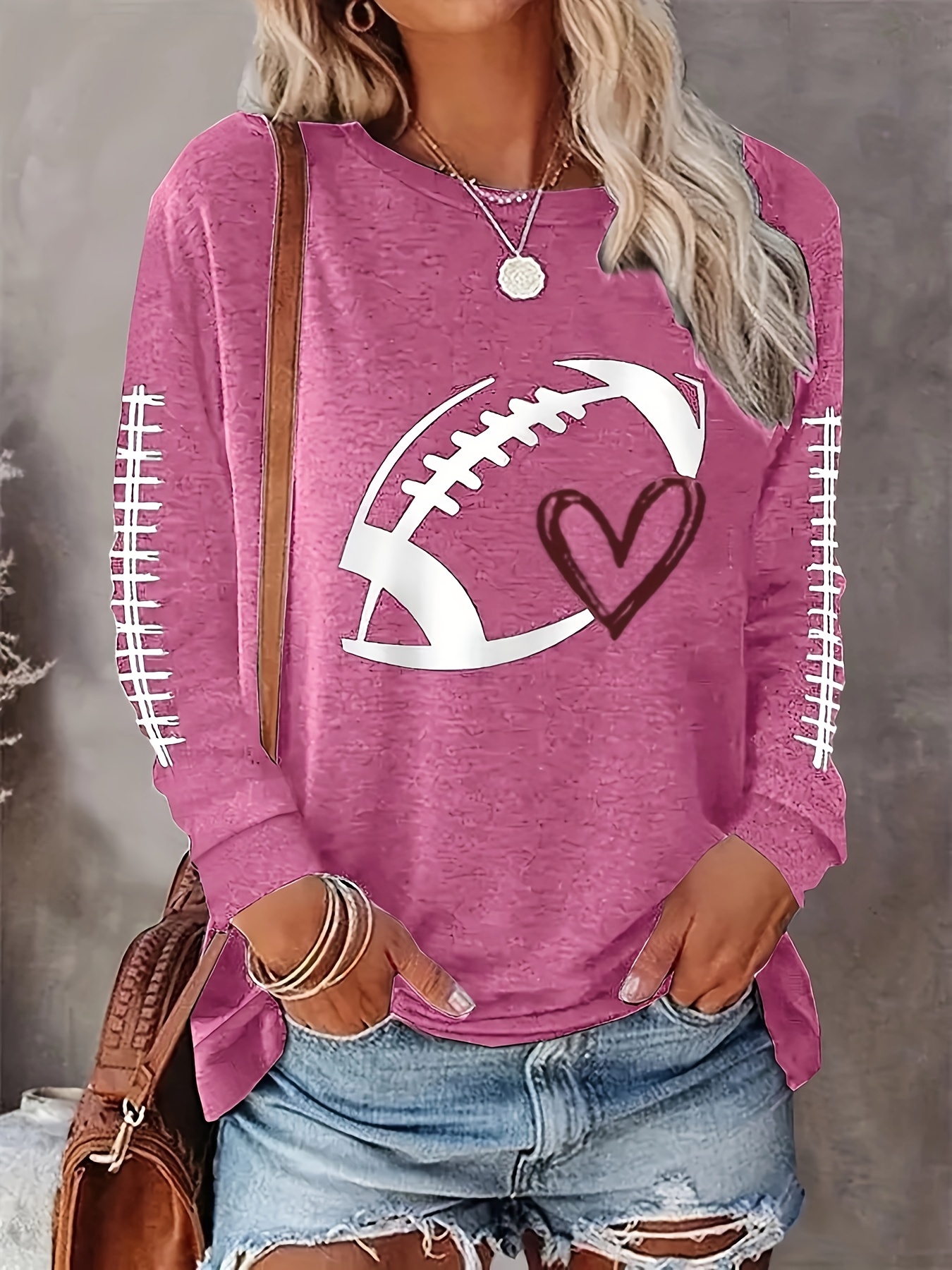 plus size casual top womens plus rugby heart print long sleeve round neck medium stretch top details 4