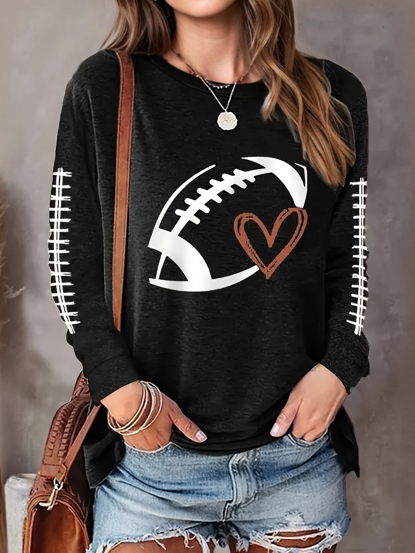 plus size casual top womens plus rugby heart print long sleeve round neck medium stretch top details 14