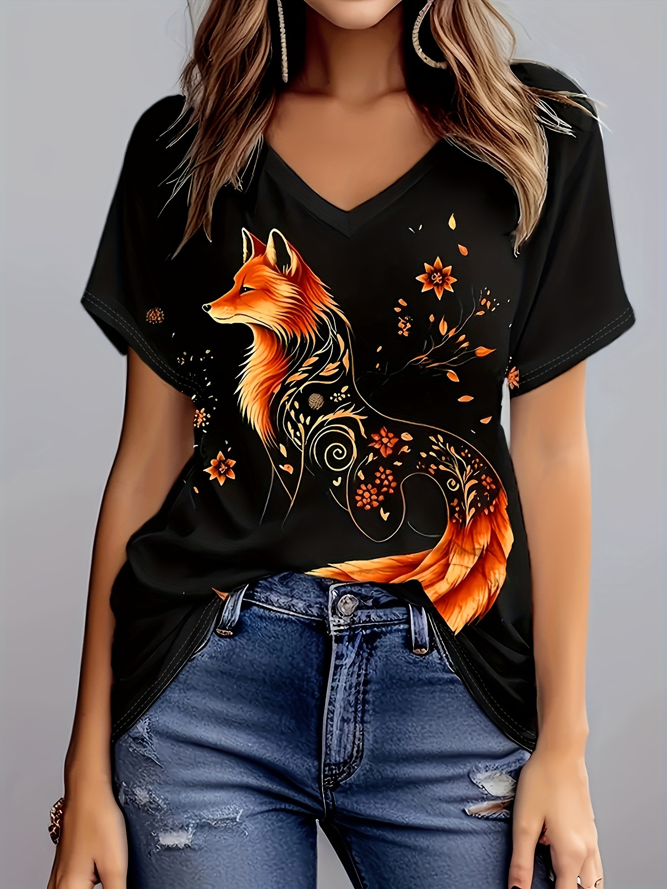 plus size fox print t shirt casual short sleeve v neck top for spring summer womens plus size clothing details 0