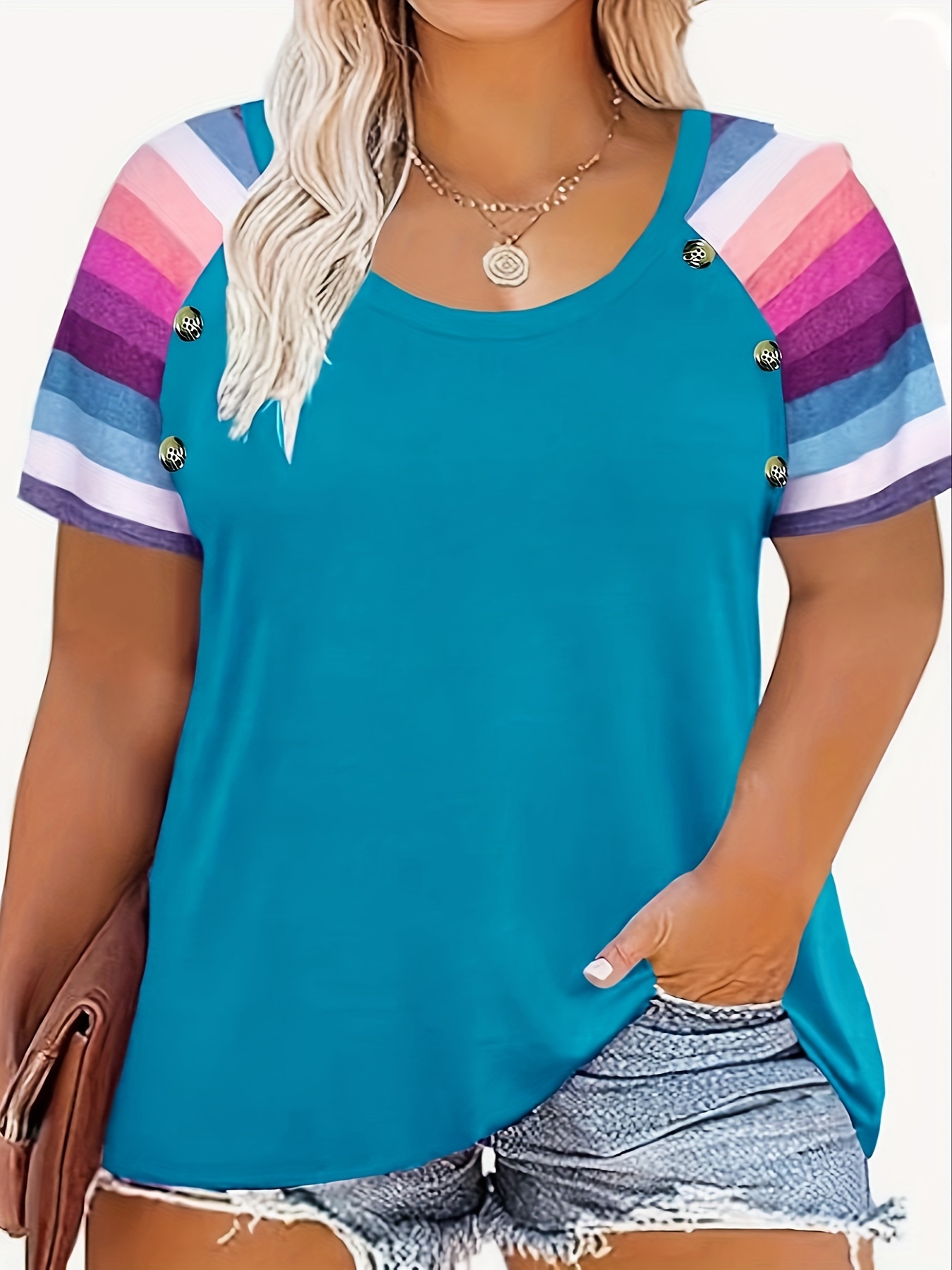 plus size striped print t shirt casual crew neck short sleeve t shirt womens plus size clothing details 0