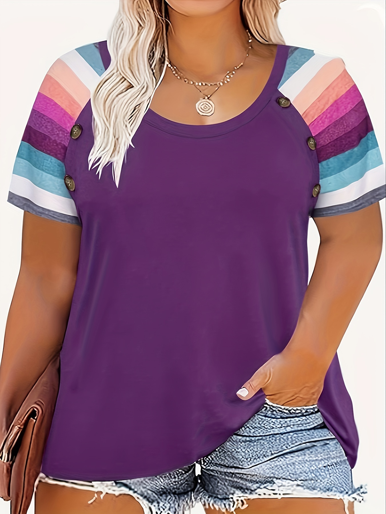 plus size striped print t shirt casual crew neck short sleeve t shirt womens plus size clothing details 4