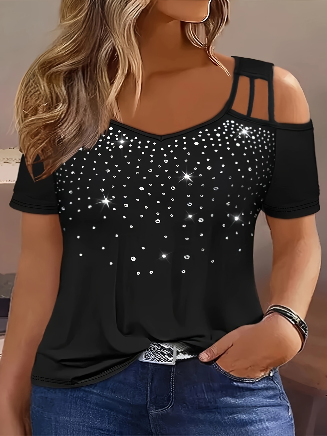 plus size rhinestone decor t shirt casual cold shoulder short sleeve t shirt womens plus size clothing details 0