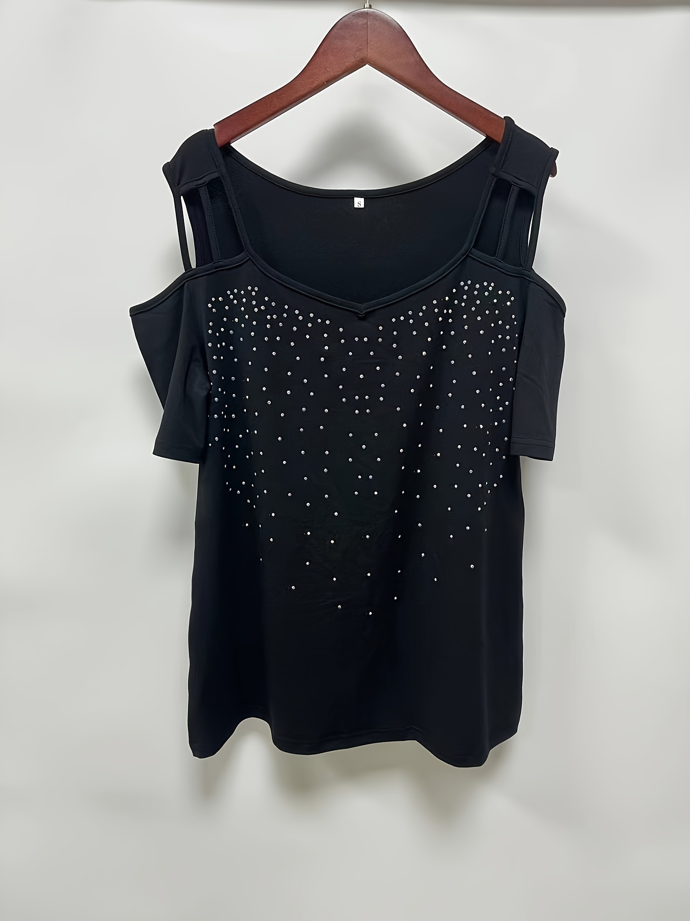 plus size rhinestone decor t shirt casual cold shoulder short sleeve t shirt womens plus size clothing details 1