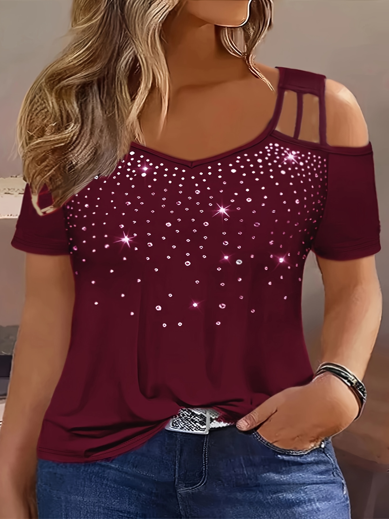 plus size rhinestone decor t shirt casual cold shoulder short sleeve t shirt womens plus size clothing details 2