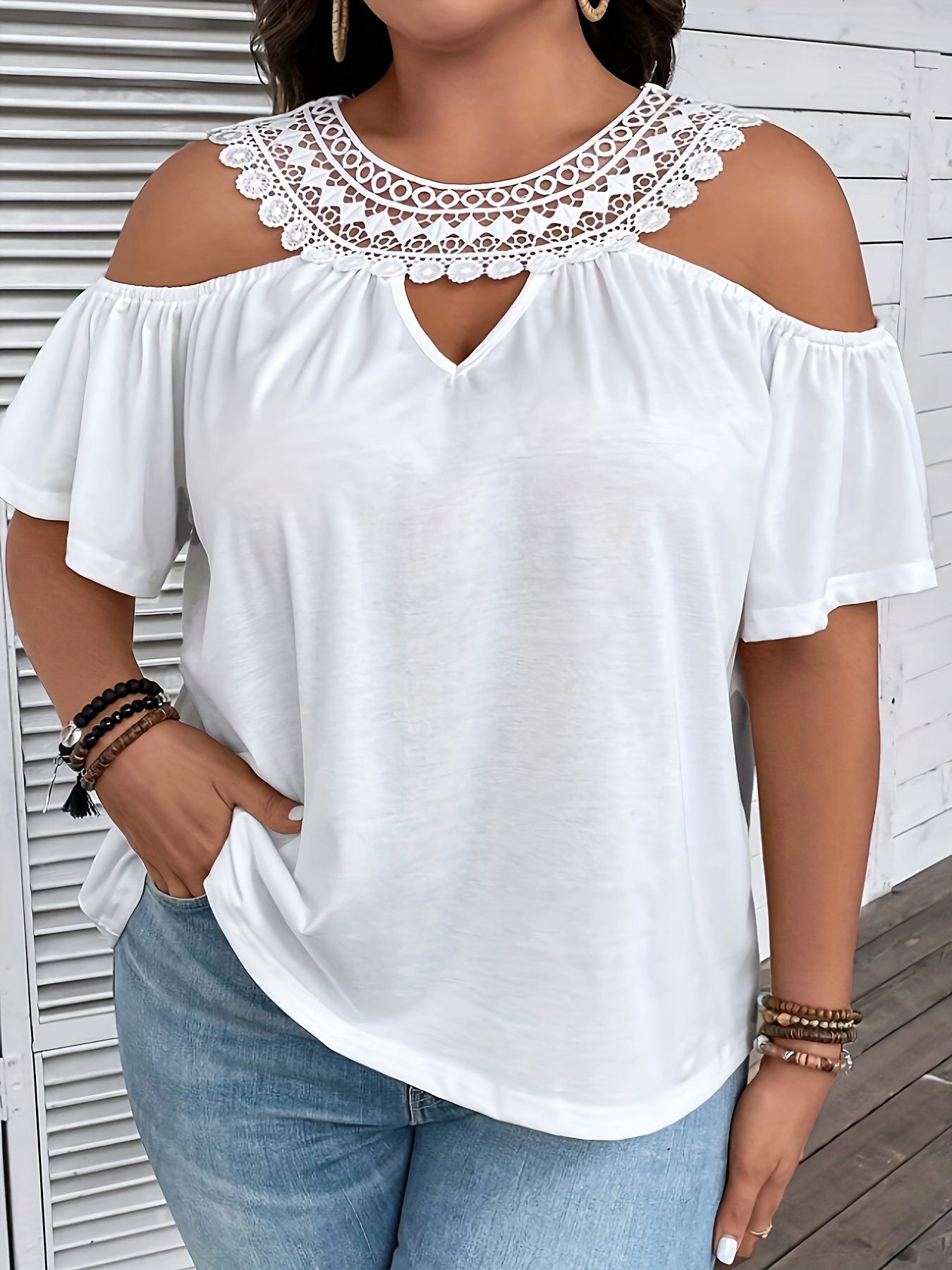 plus size lace stitching t shirt casual cold shoulder short sleeve crew neck t shirt womens plus size clothing details 14