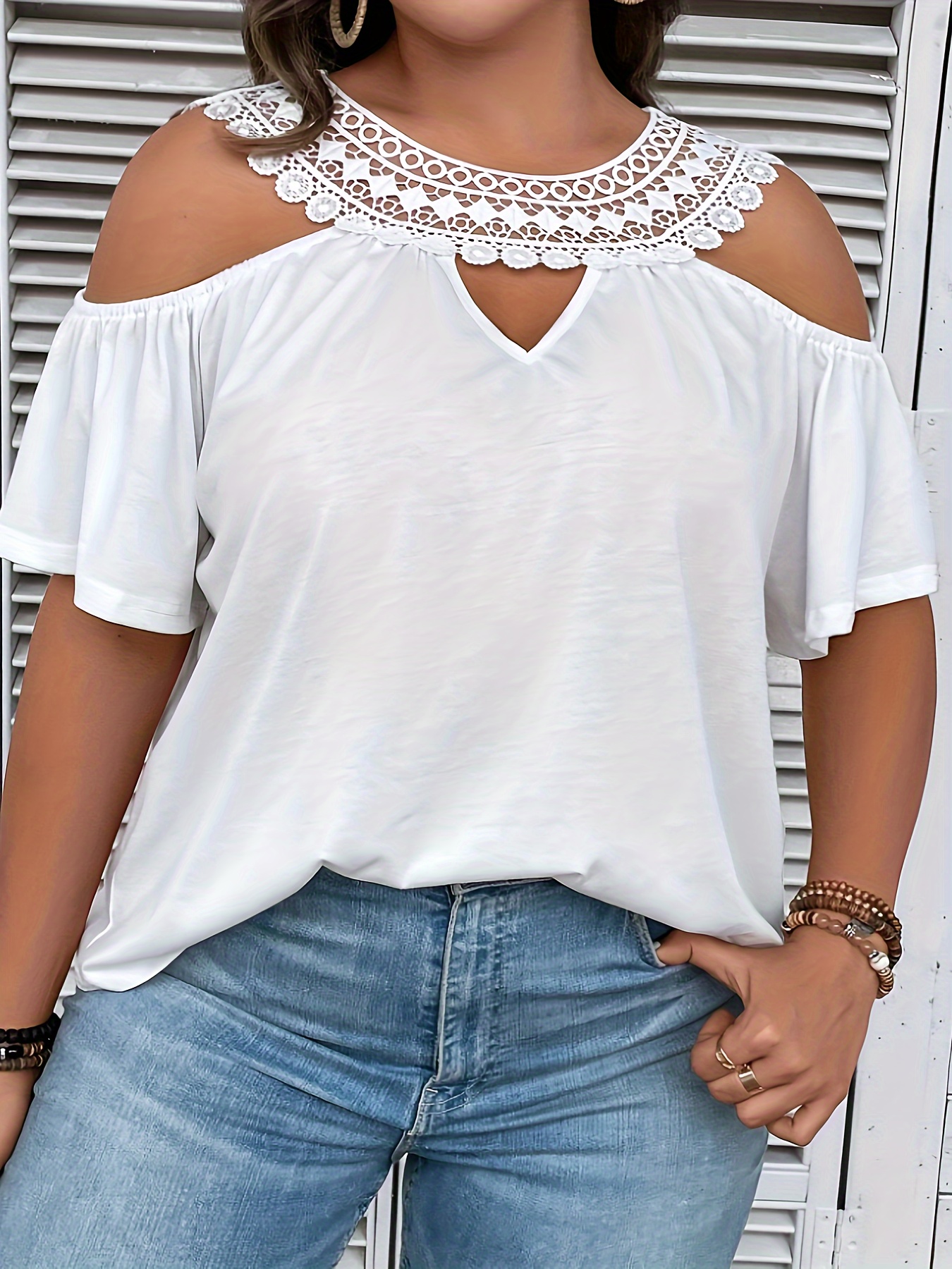 plus size lace stitching t shirt casual cold shoulder short sleeve crew neck t shirt womens plus size clothing details 15