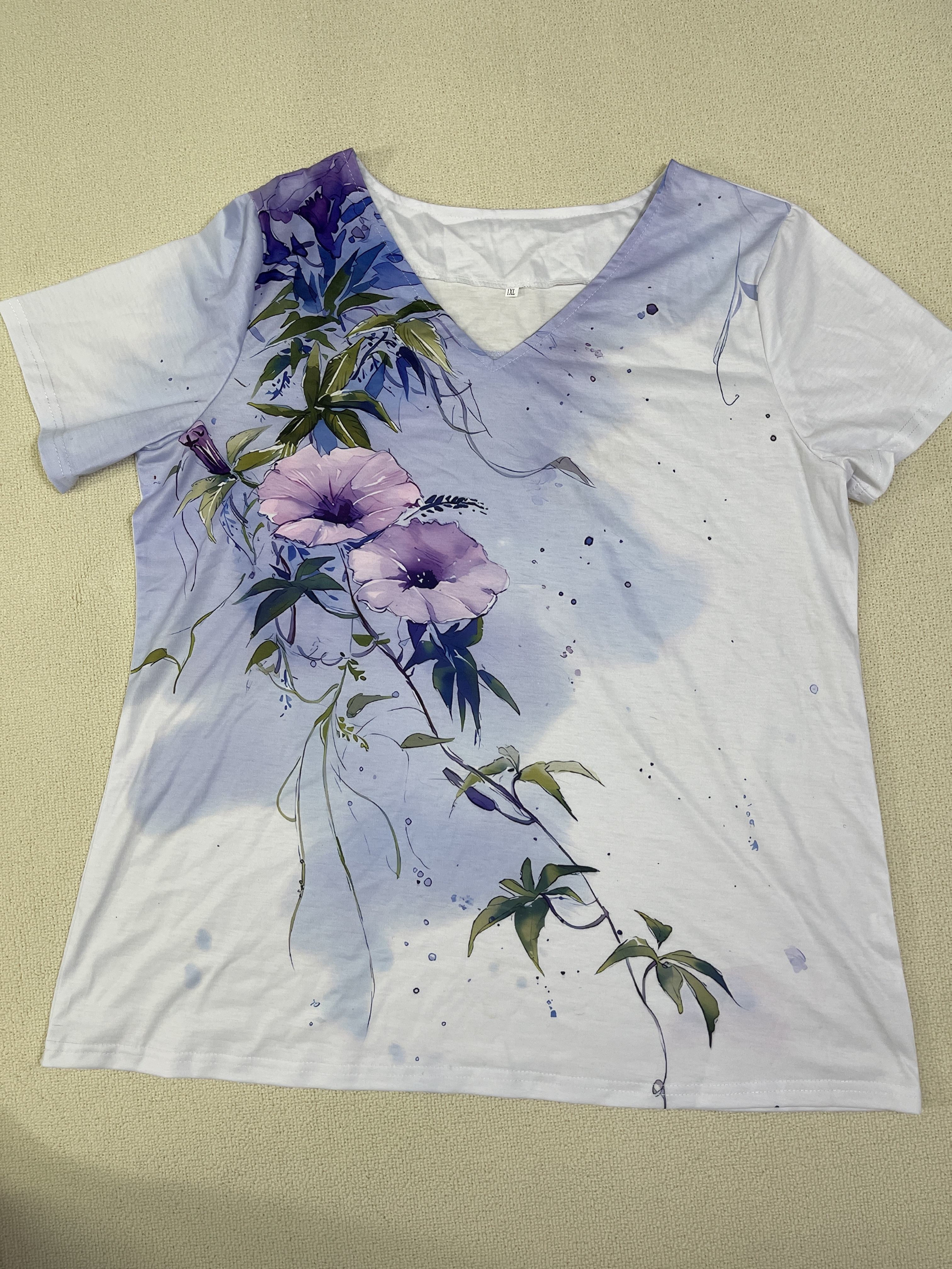 plus size casual t shirt womens plus tie dye floral print short sleeve v neck slight stretch t shirt details 1