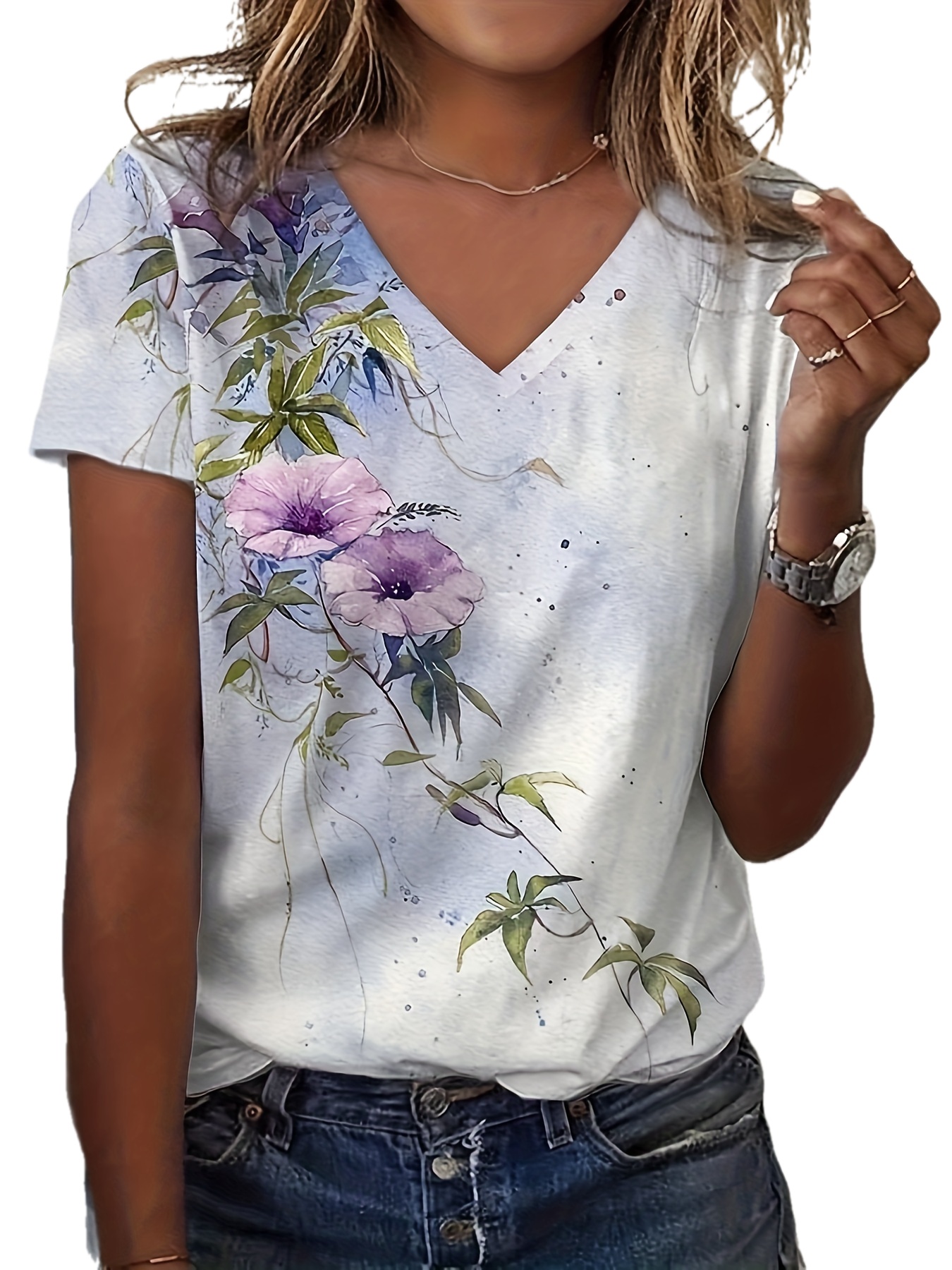 plus size casual t shirt womens plus tie dye floral print short sleeve v neck slight stretch t shirt details 3