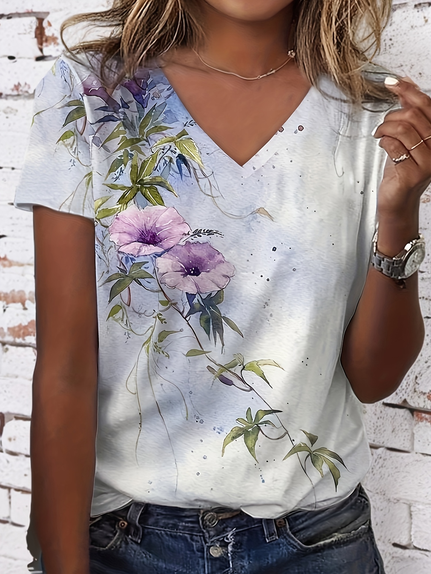 plus size casual t shirt womens plus tie dye floral print short sleeve v neck slight stretch t shirt details 4