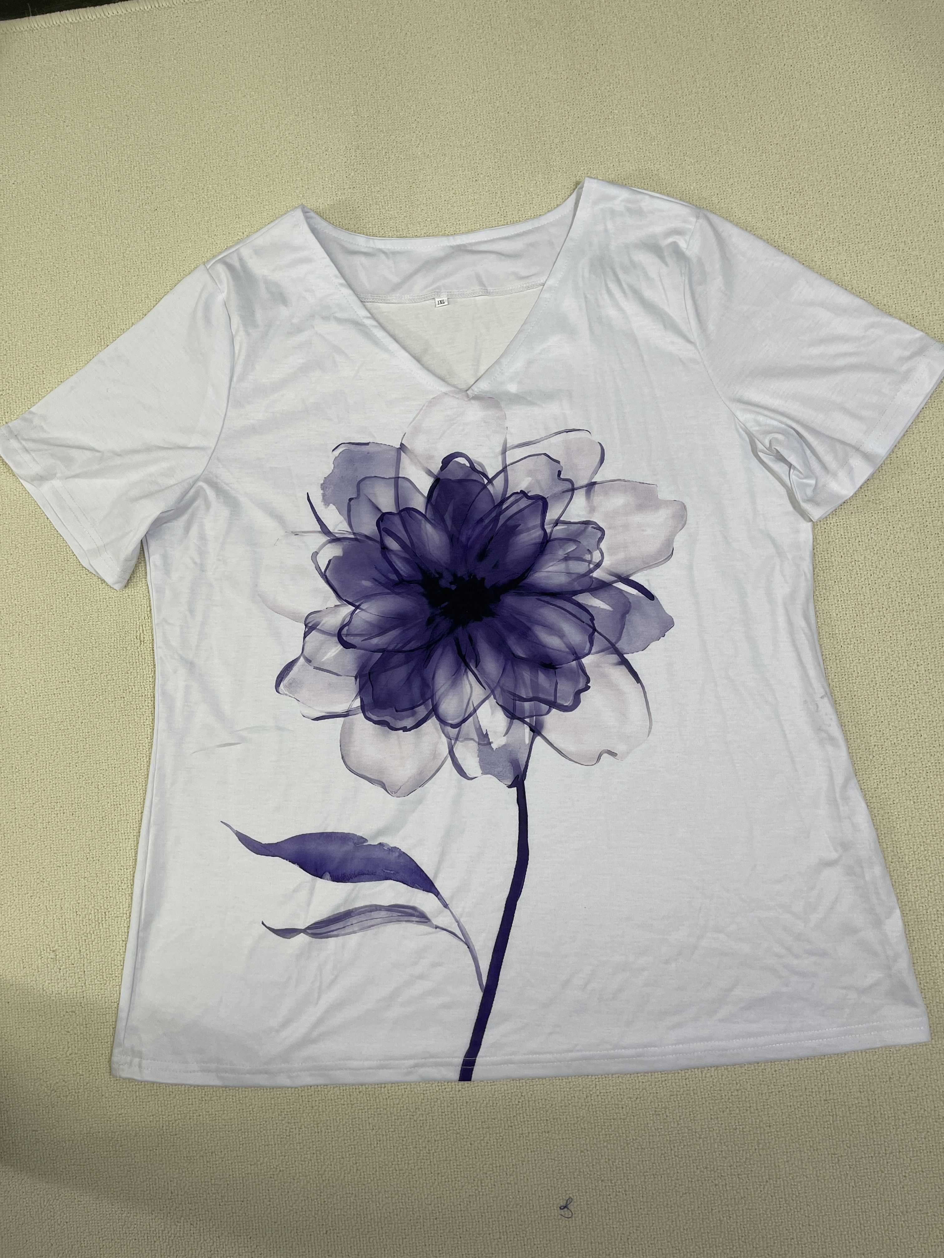 plus size casual t shirt womens plus tie dye floral print short sleeve v neck slight stretch t shirt details 14