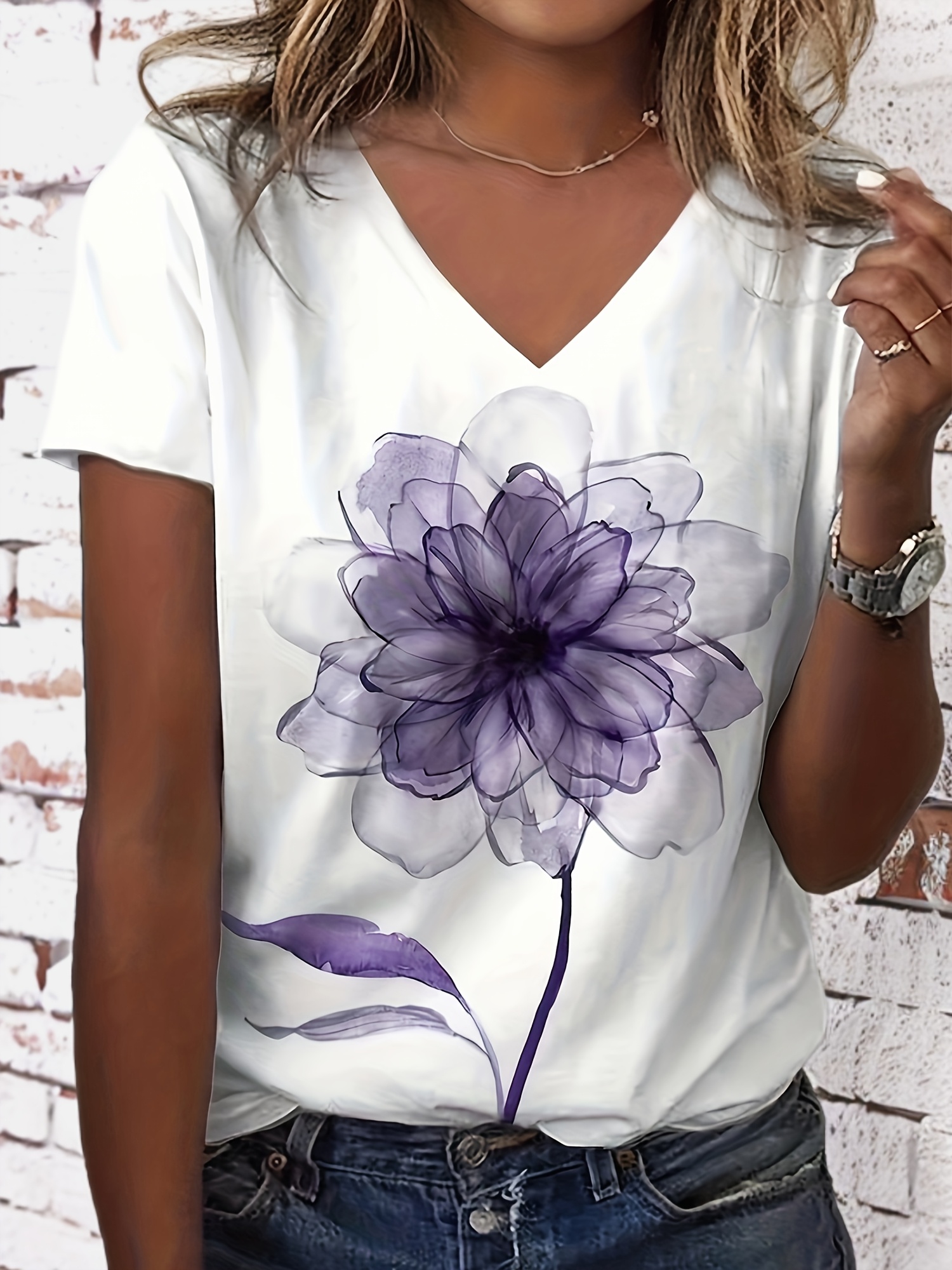 plus size casual t shirt womens plus tie dye floral print short sleeve v neck slight stretch t shirt details 16