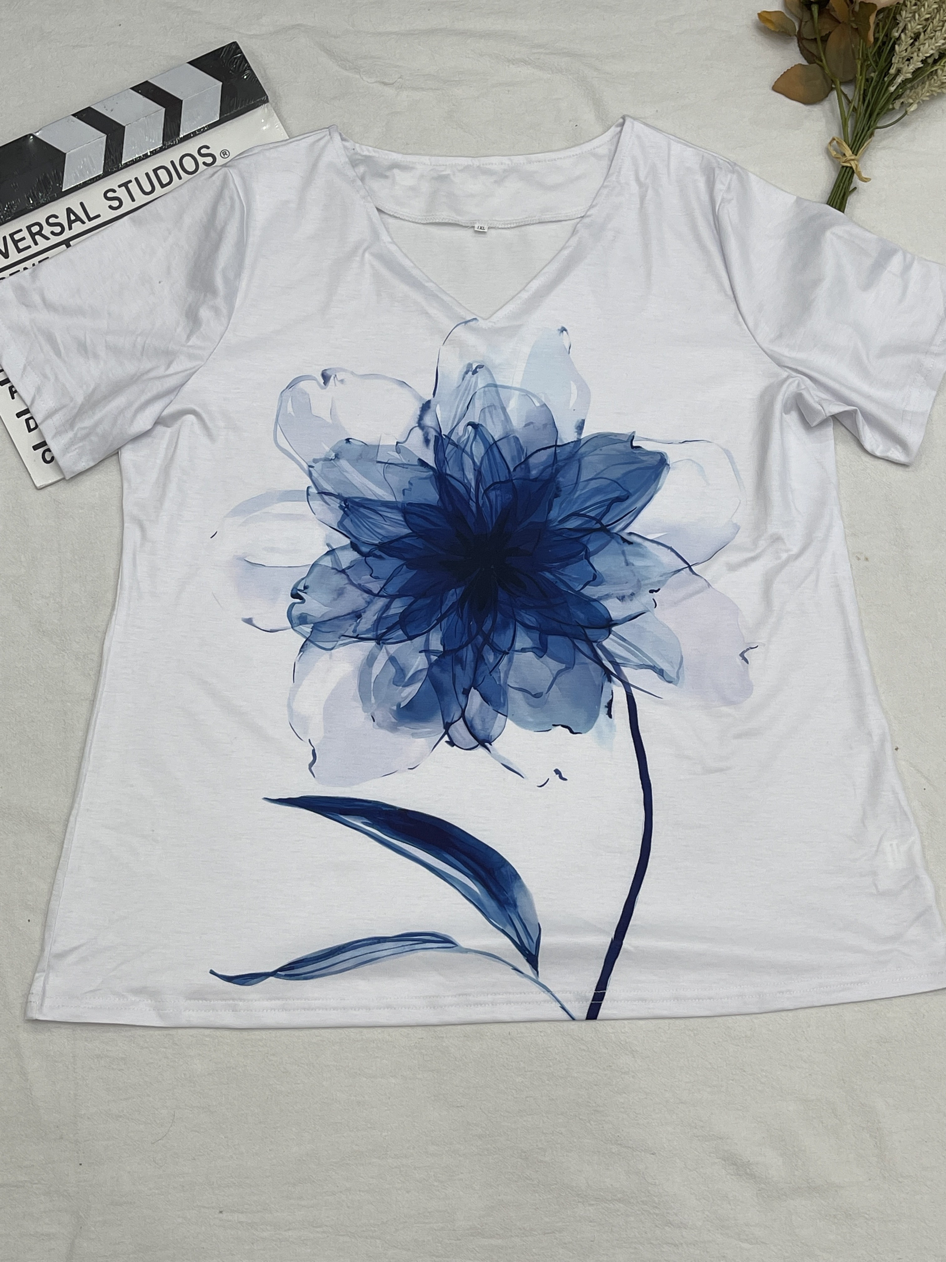 plus size casual t shirt womens plus tie dye floral print short sleeve v neck slight stretch t shirt details 17