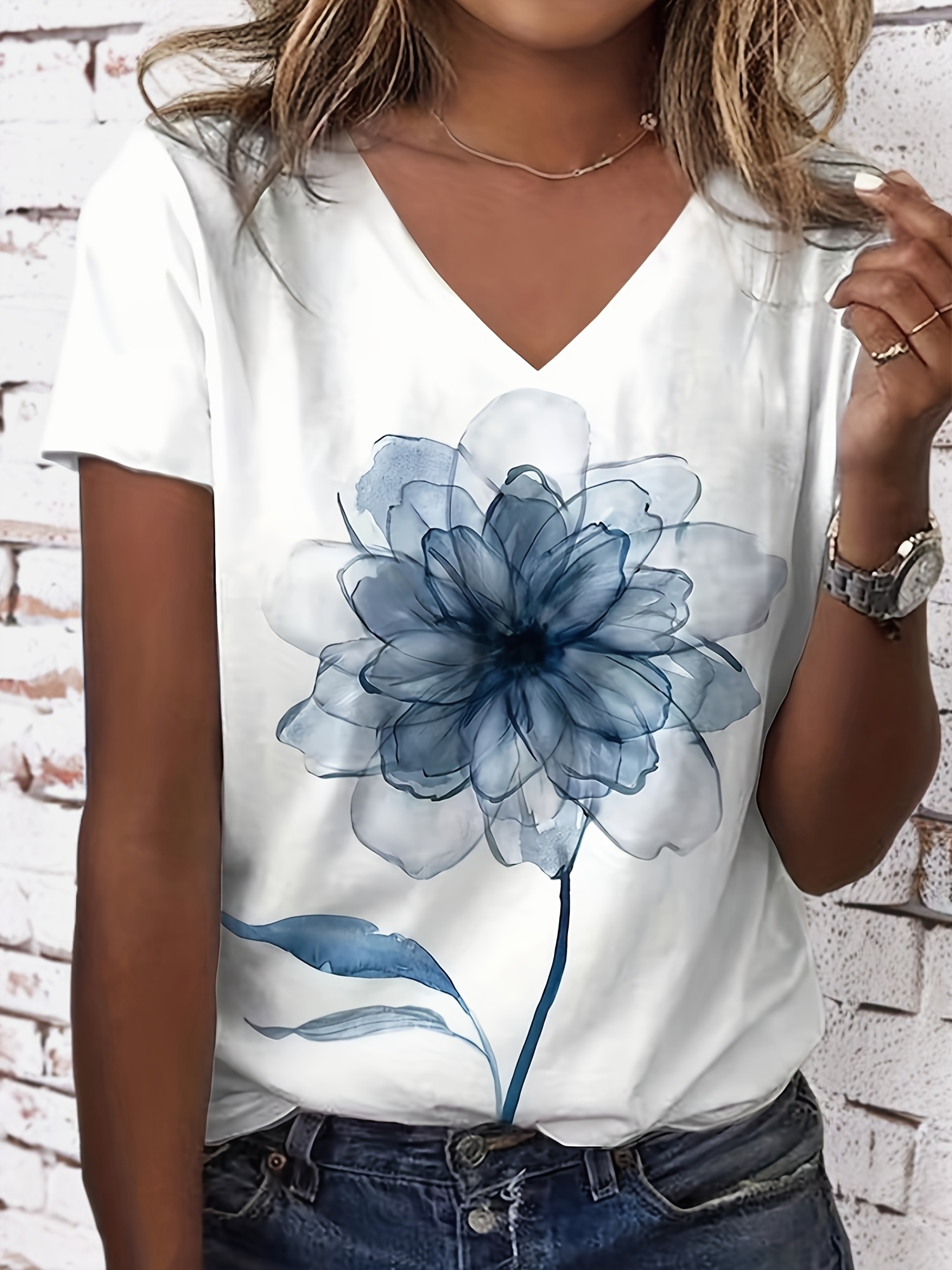 plus size casual t shirt womens plus tie dye floral print short sleeve v neck slight stretch t shirt details 21