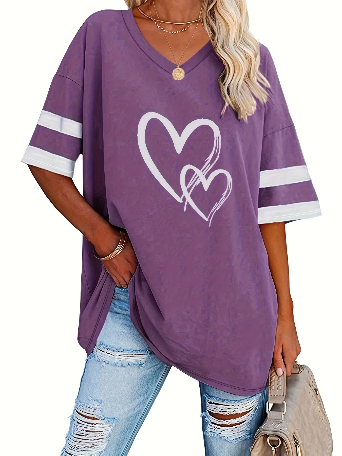 plus size heart print t shirt casual v neck short sleeve t shirt womens plus size clothing details 0